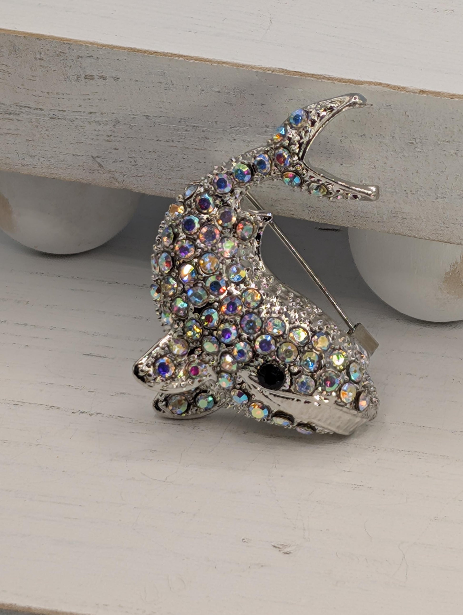 Silver Whale Brooch: CZ Crystal Detail, Wear as Pin or Charm