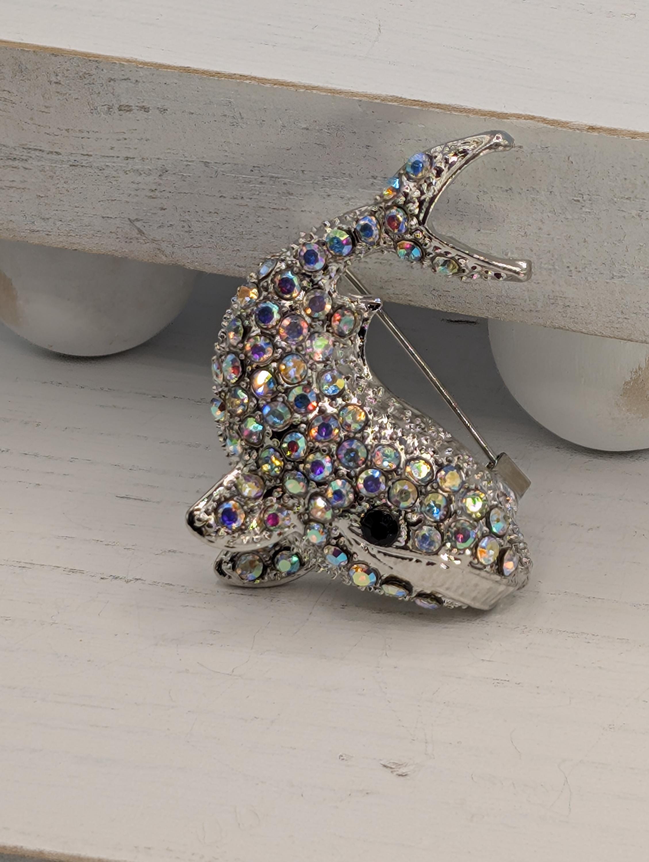 Silver Whale Brooch: CZ Crystal Detail, Wear as Pin or Charm