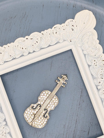 Music Lover Silver Violin Brooch, Rhinestone Sparkle (Compact Pin)