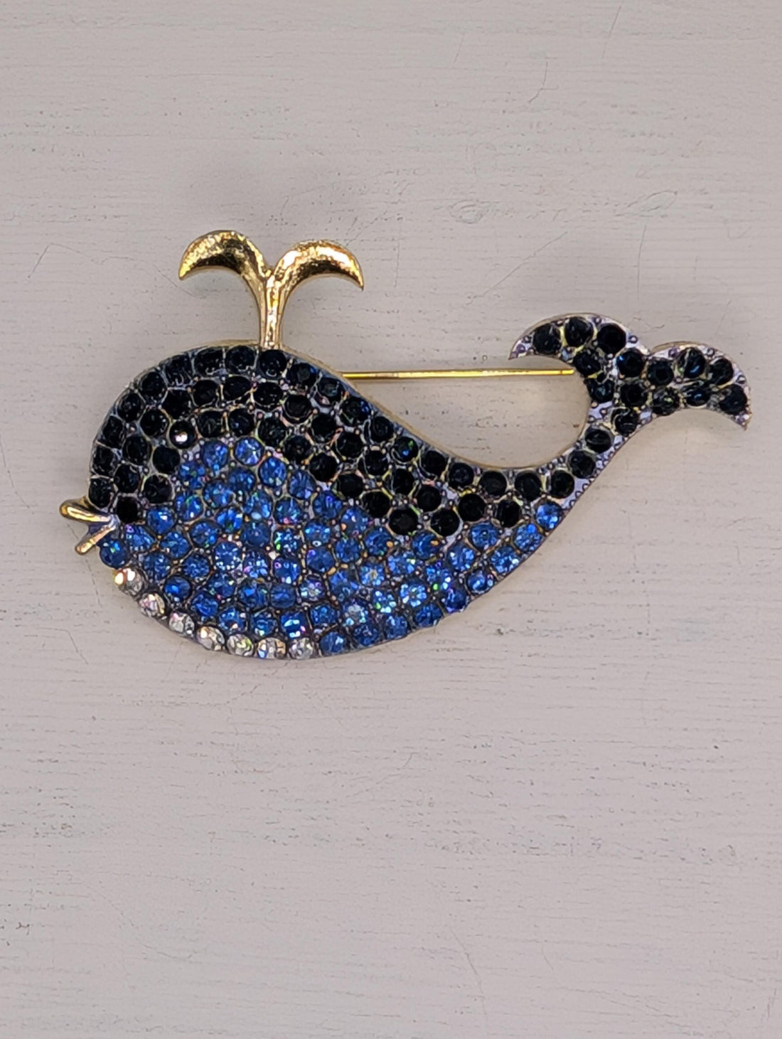 Blue Rhinestone Whale Brooch: Gold Plated Coastal Pin