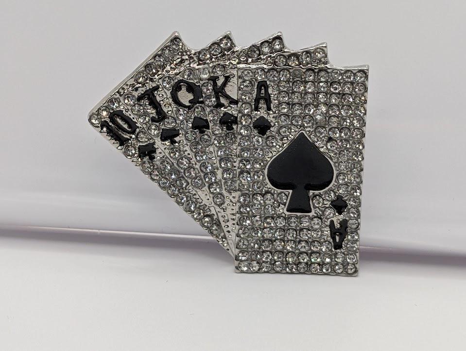 Gold Playing Cards Brooch - Sparkling Rhinestones, Stylish Accessory
