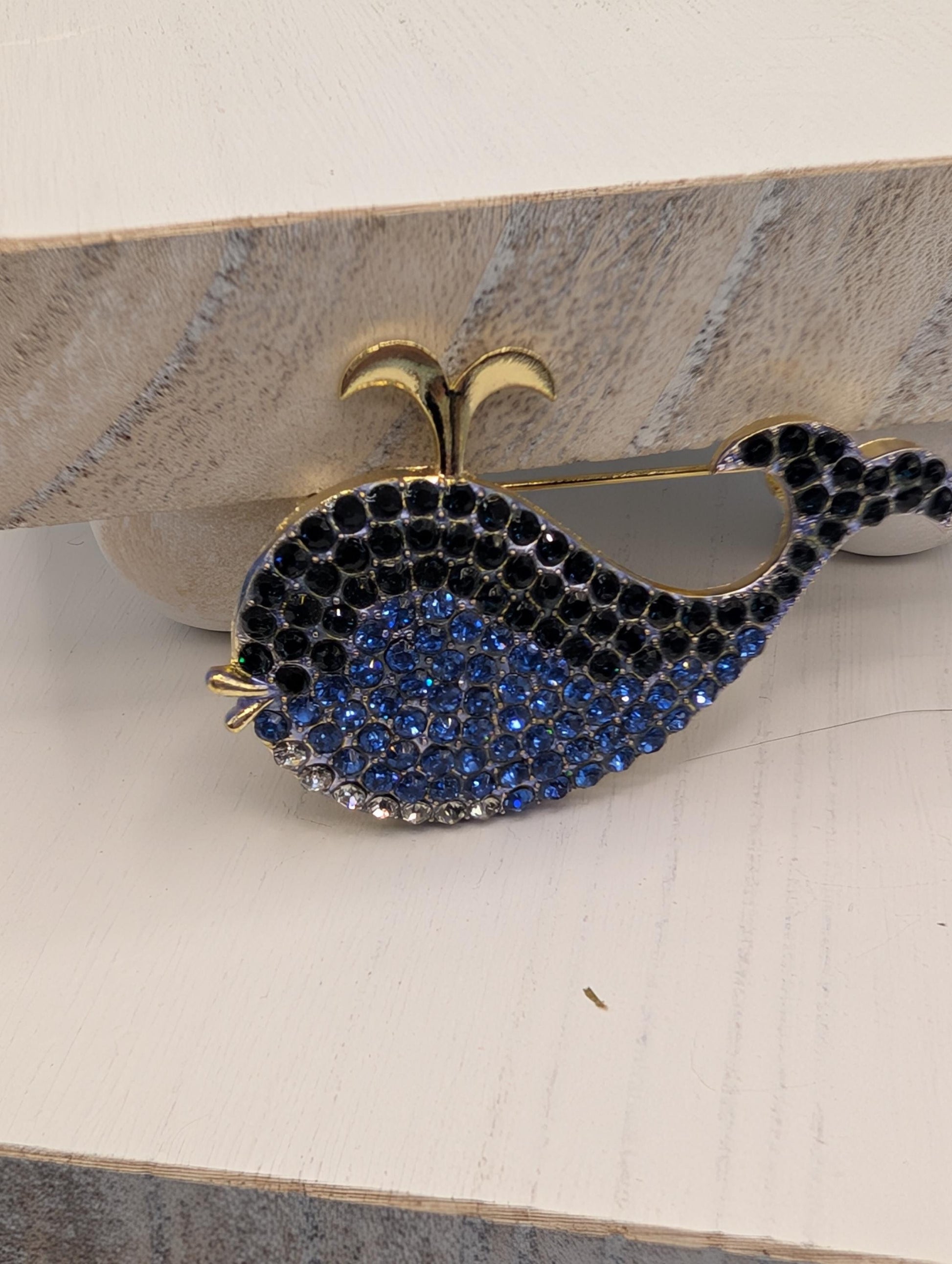 Blue Rhinestone Whale Brooch: Gold Plated Coastal Pin