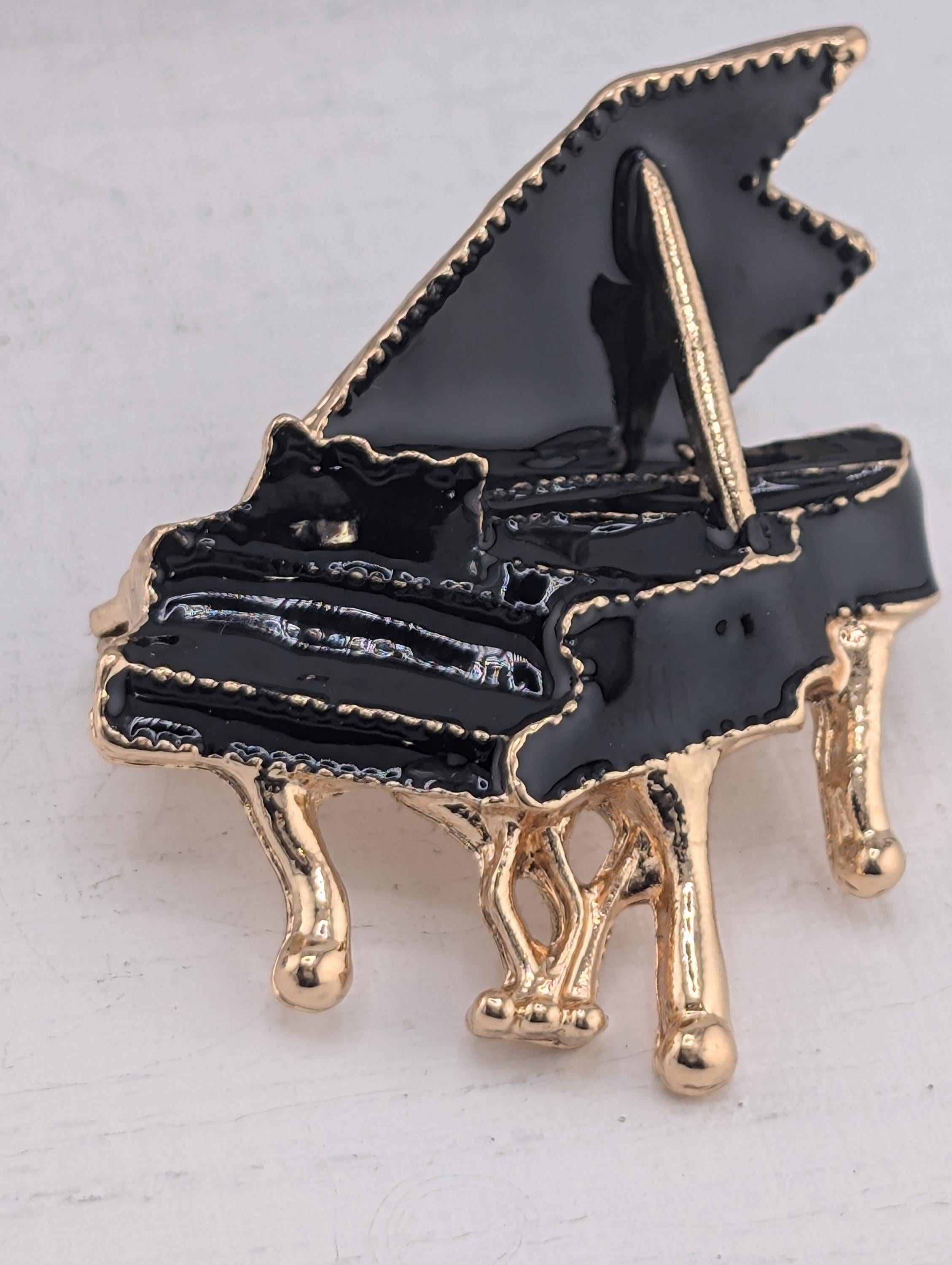 Gold Piano Brooch: Rhinestone Accent, Music Lover Pin