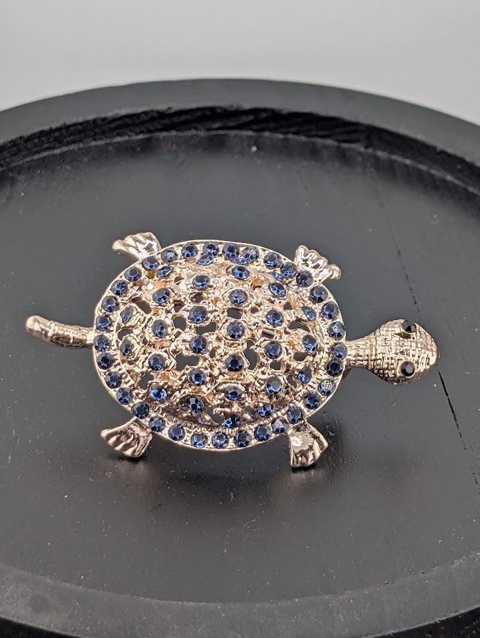 Rose Gold Turtle Brooch - Blue Stone Marine Jewelry Pin