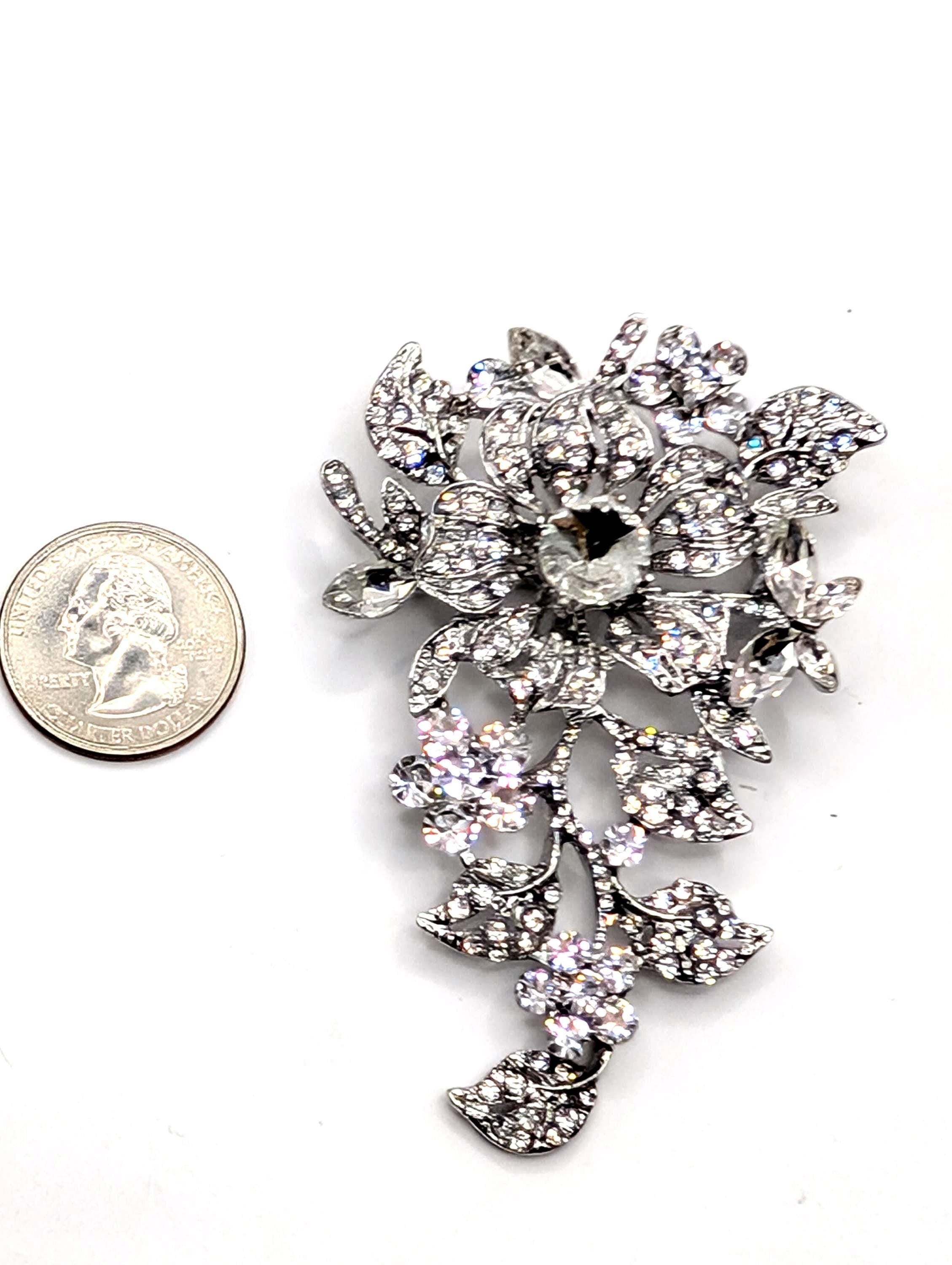 Floral Brooch Pin: Silver Plated, Nature Inspired - CZ Rhinestones