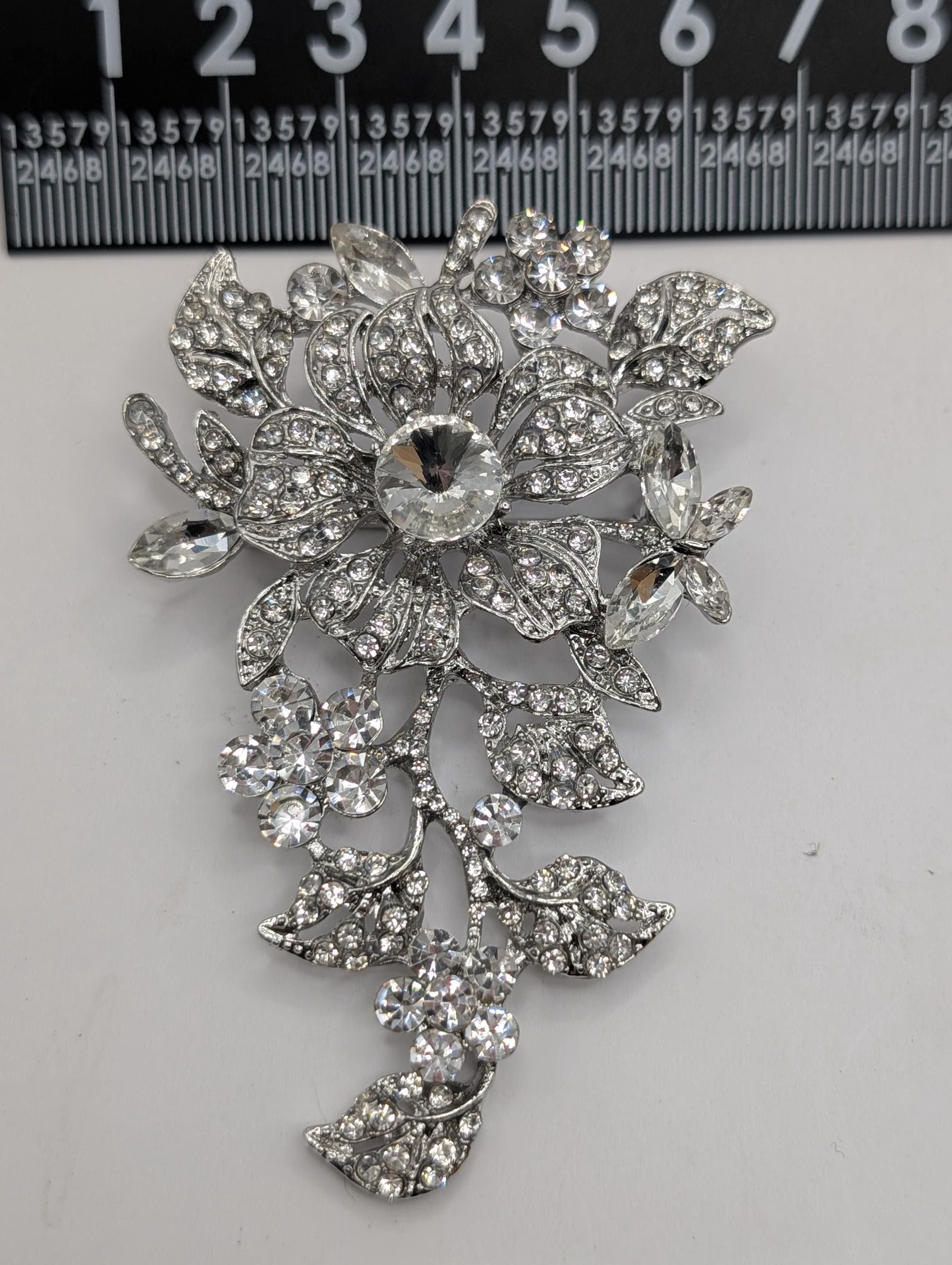 Floral Brooch Pin: Silver Plated, Nature Inspired - CZ Rhinestones