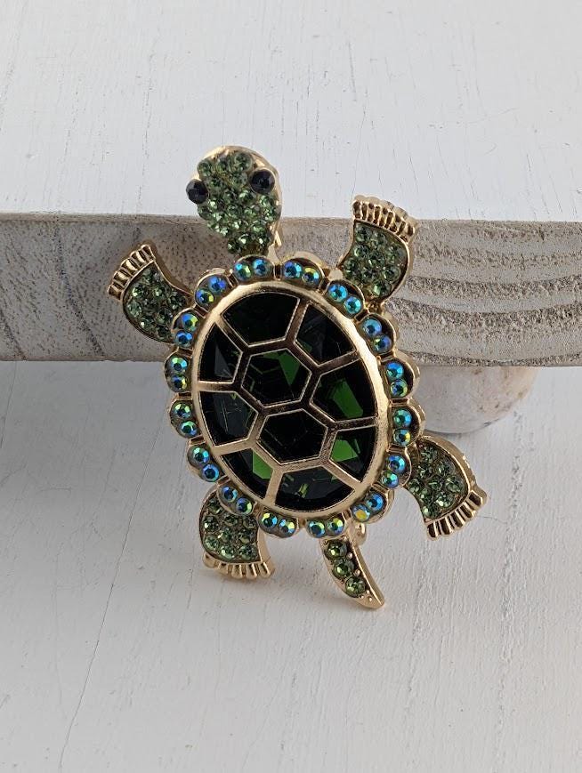 Gold Plated Turtle Pin: Green Enamel with Rhinestone Accent