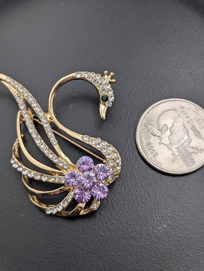 Swan Brooch: Gold Plated, Lavender Gemstones - Rhinestone Pin