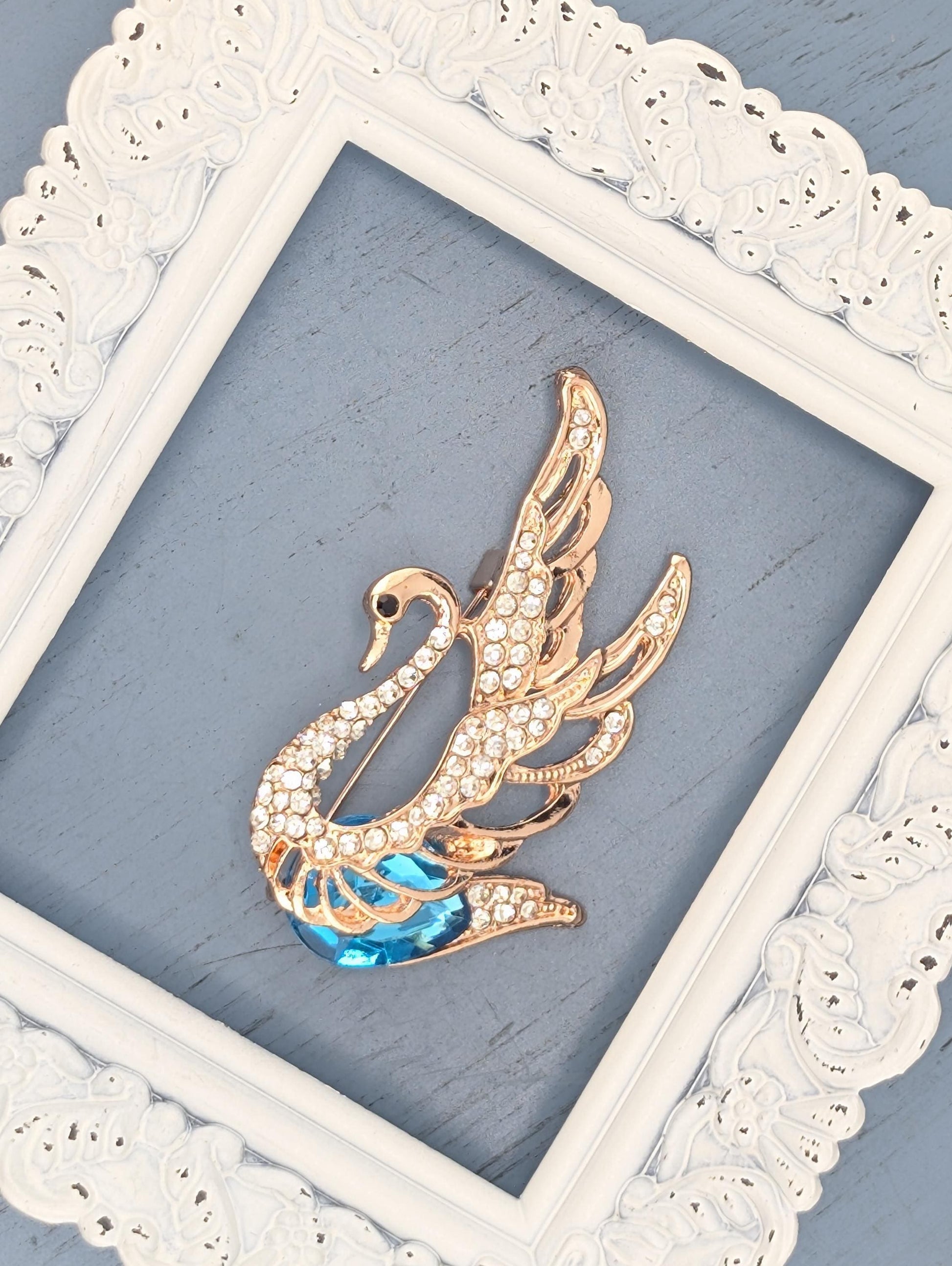 Gold Plated Swan Brooch: Aqua Rhinestones, Delicate Design