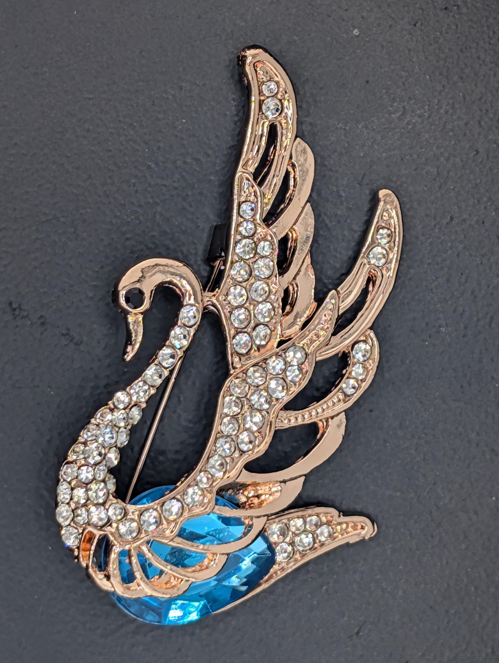 Gold Plated Swan Brooch: Aqua Rhinestones, Delicate Design