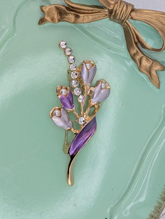 Gold Plated Brooch: Purple and White Floral Enamel - Elegant Pin