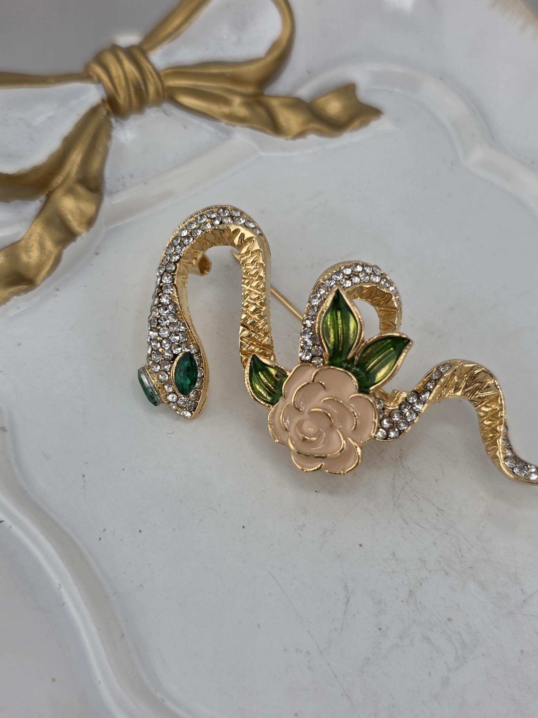 Gold Plated Snake and Rose Pin - Elegant Compact Floral Brooch