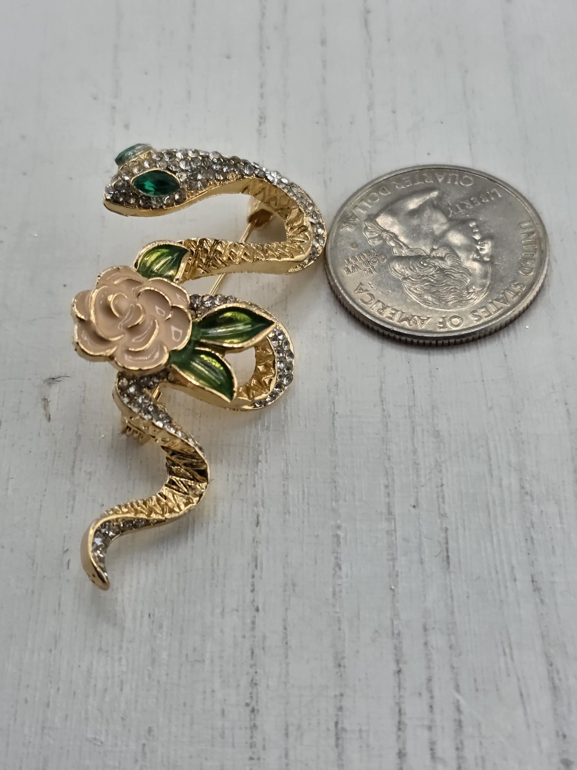 Gold Plated Snake and Rose Pin - Elegant Compact Floral Brooch