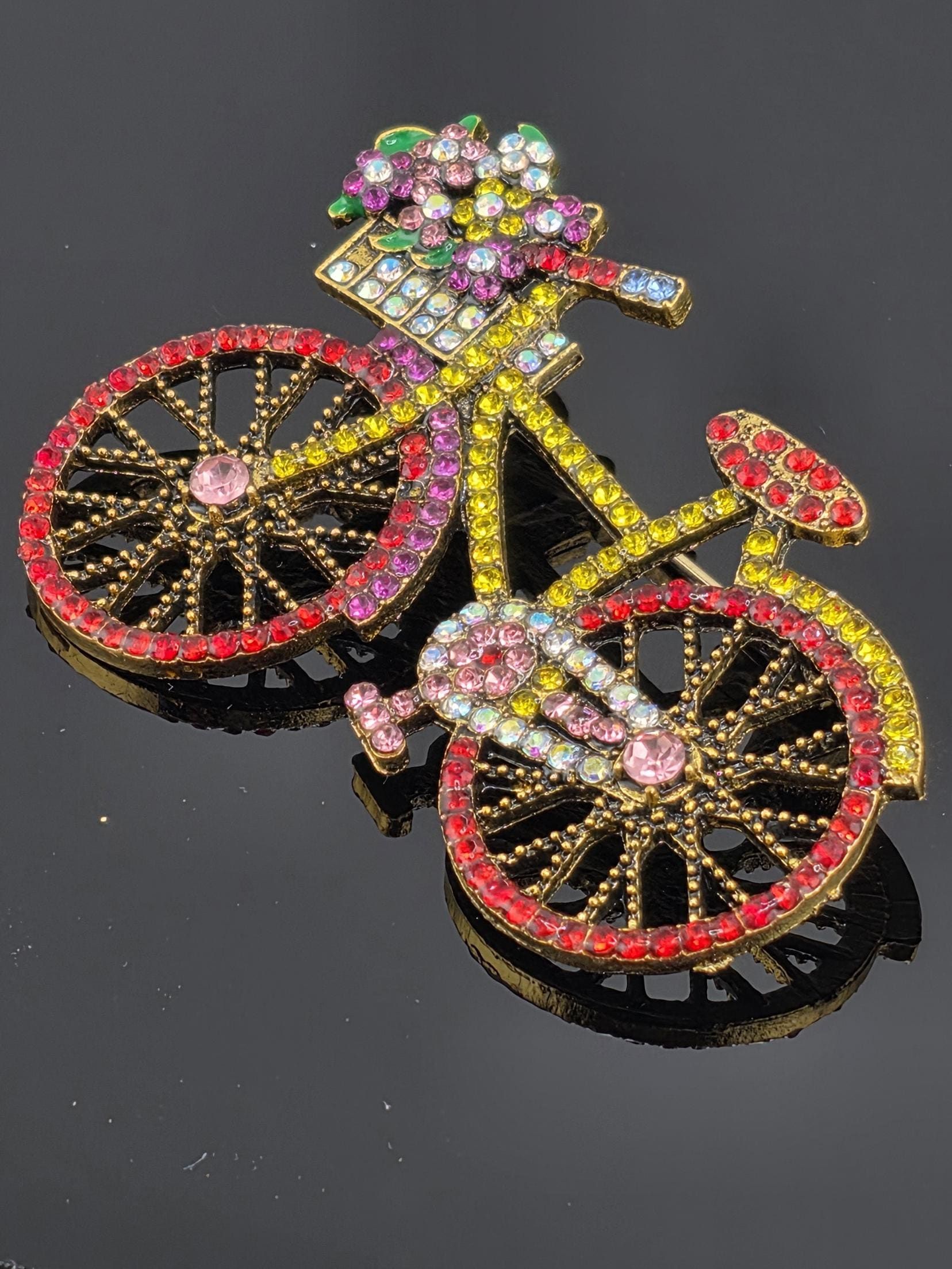 Gold Bicycle Brooch - Lightweight Enamel Accent Pin