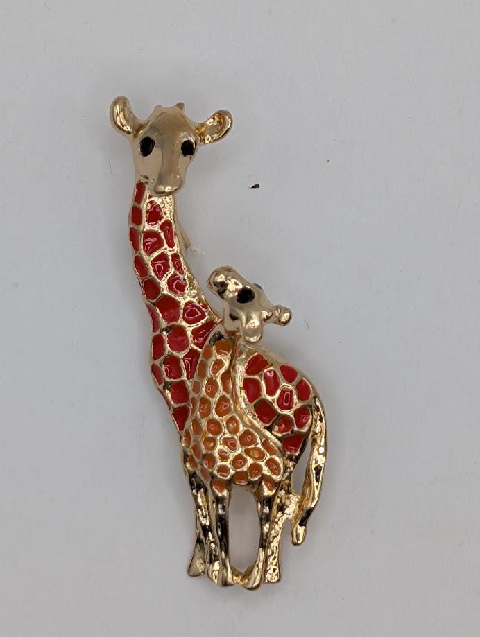 Gold Plated Giraffe Brooch: Red Enamel Accent, Nature Inspired