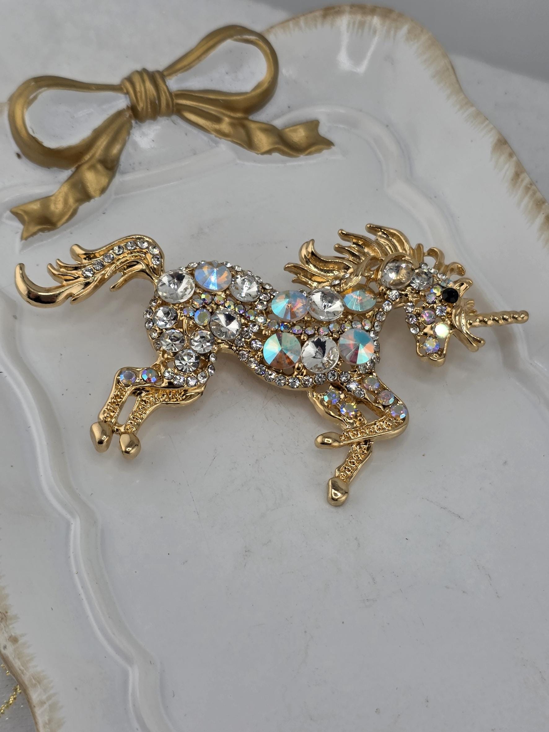 Unicorn Brooch: Gold Plated with Cubic Zirconia - Lightweight Pin
