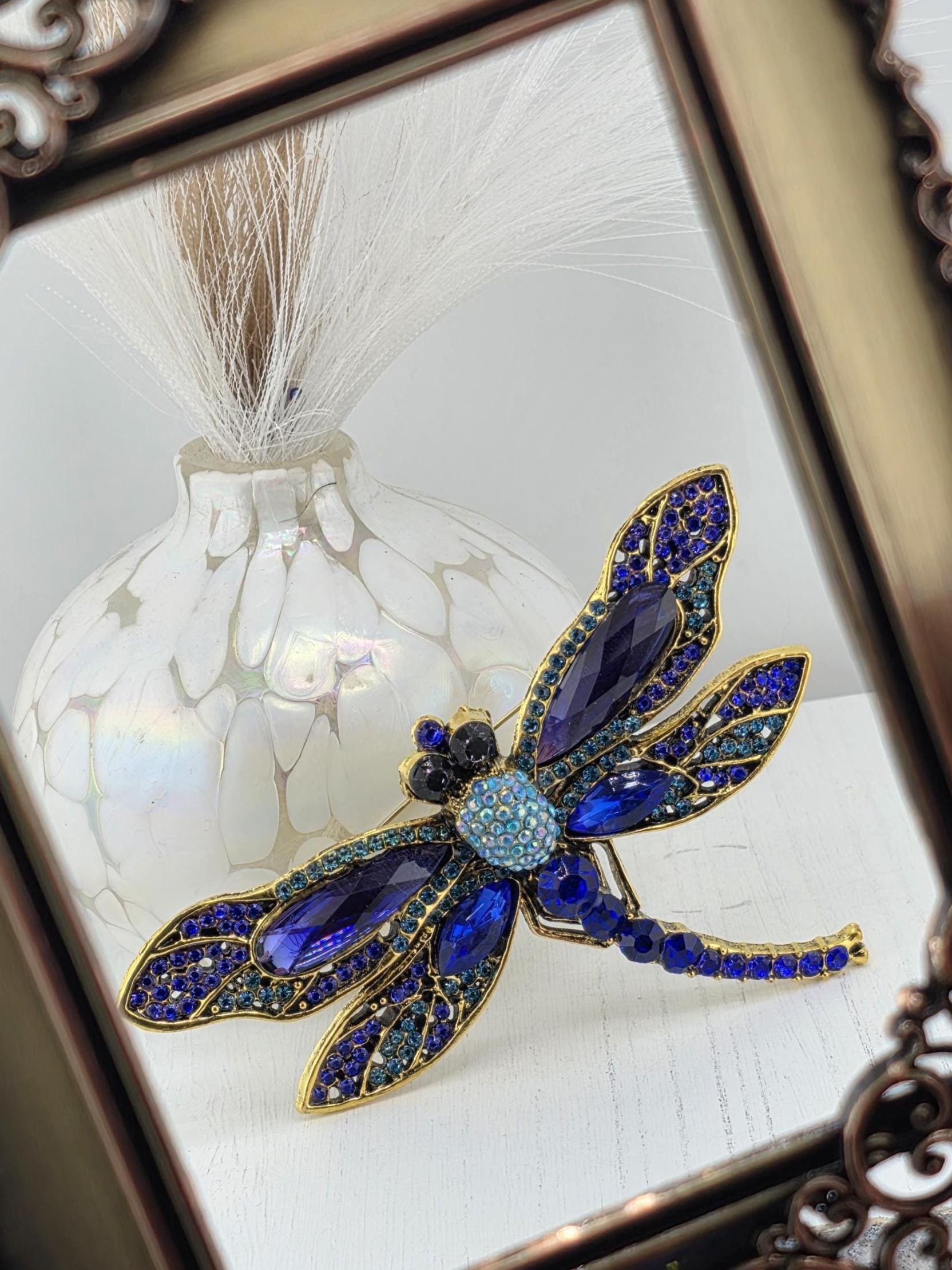Dragonfly Brooch Pin: Gold Plated with Blue Accent - Handmade