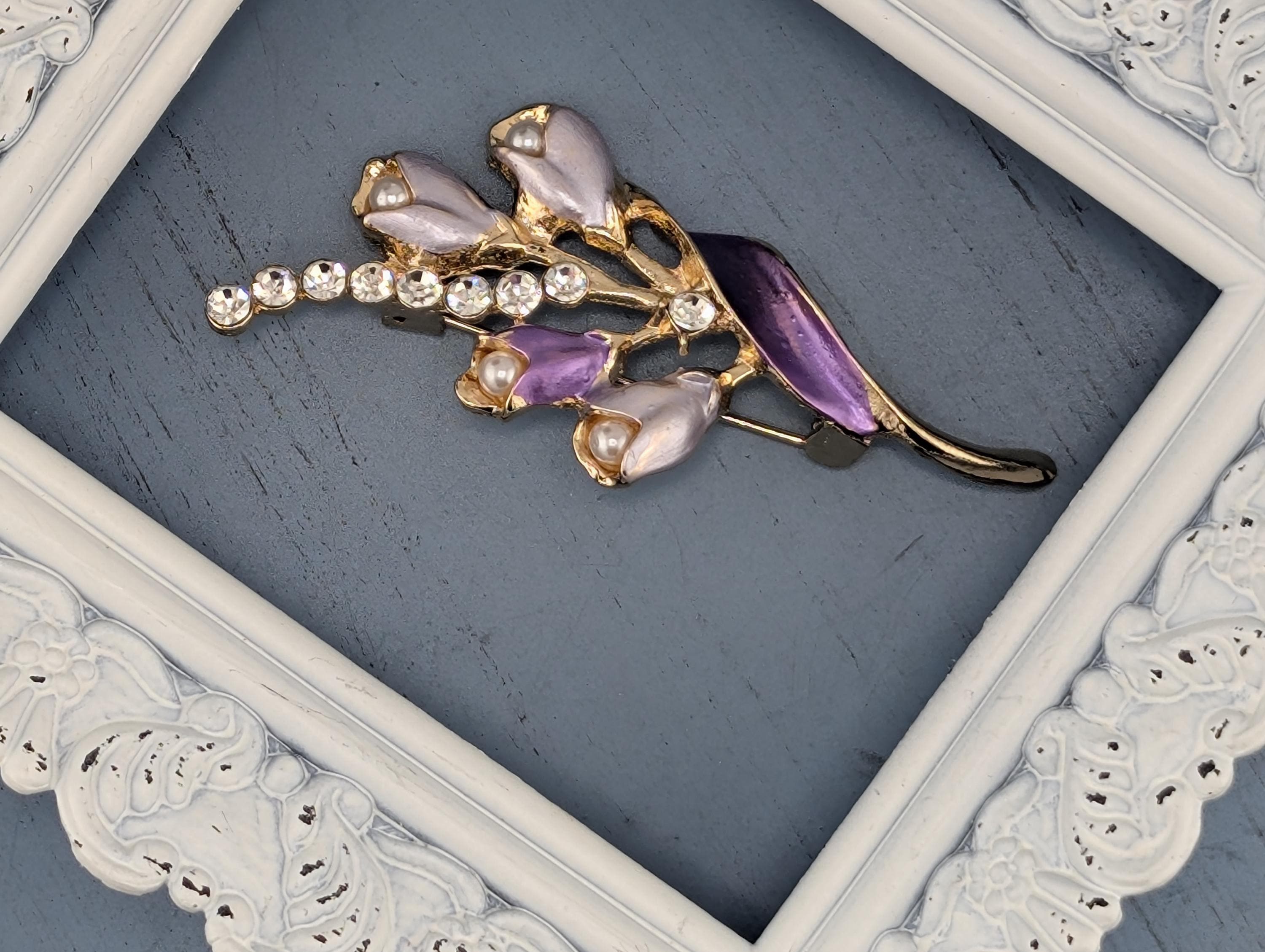 Gold Plated Brooch: Purple and White Floral Enamel - Elegant Pin