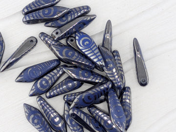 Vintage Style Beads, Boho Design Element, Dagger Beads, Glass Craft Supplies, Peacock Laser Etched,25pcs Set: Violet Gunmetal Peacock