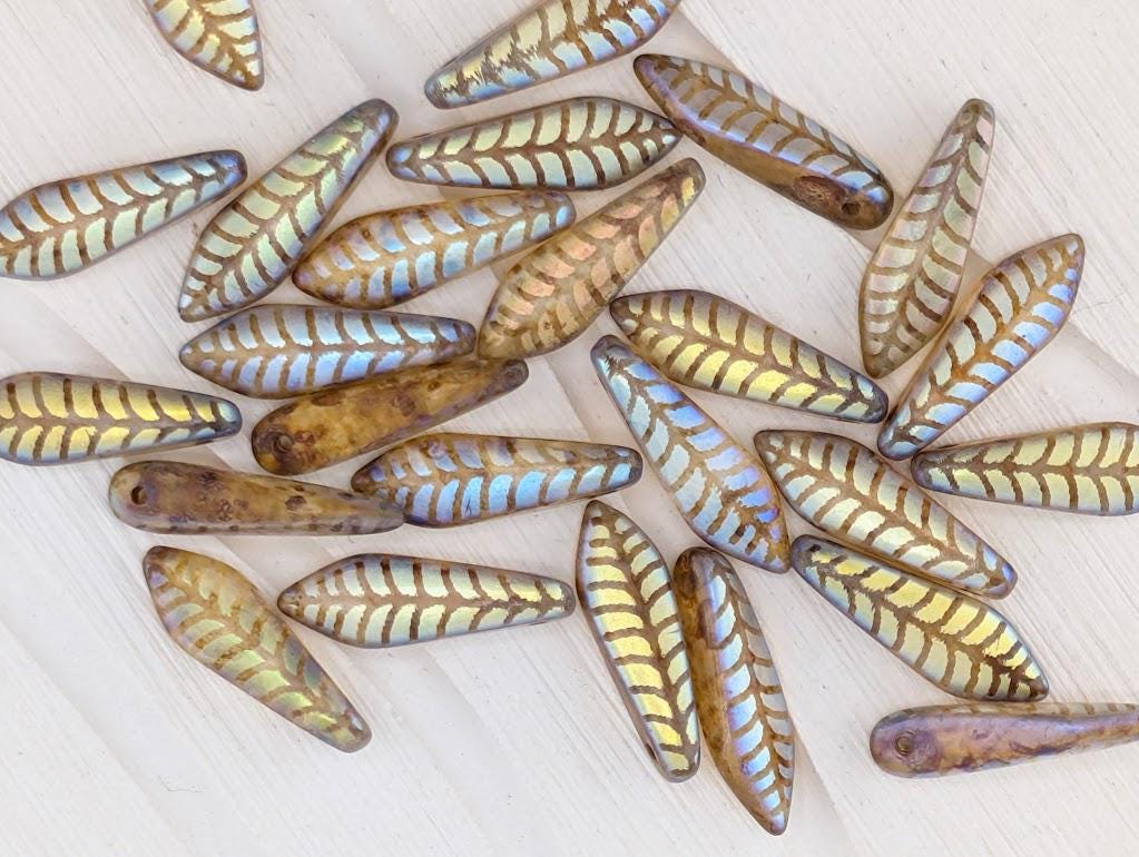 Laser Etched Design, Craft Bead Set 25pcs,Czech Feather Dagger Pendants Kit: Topaz & Gold Feather