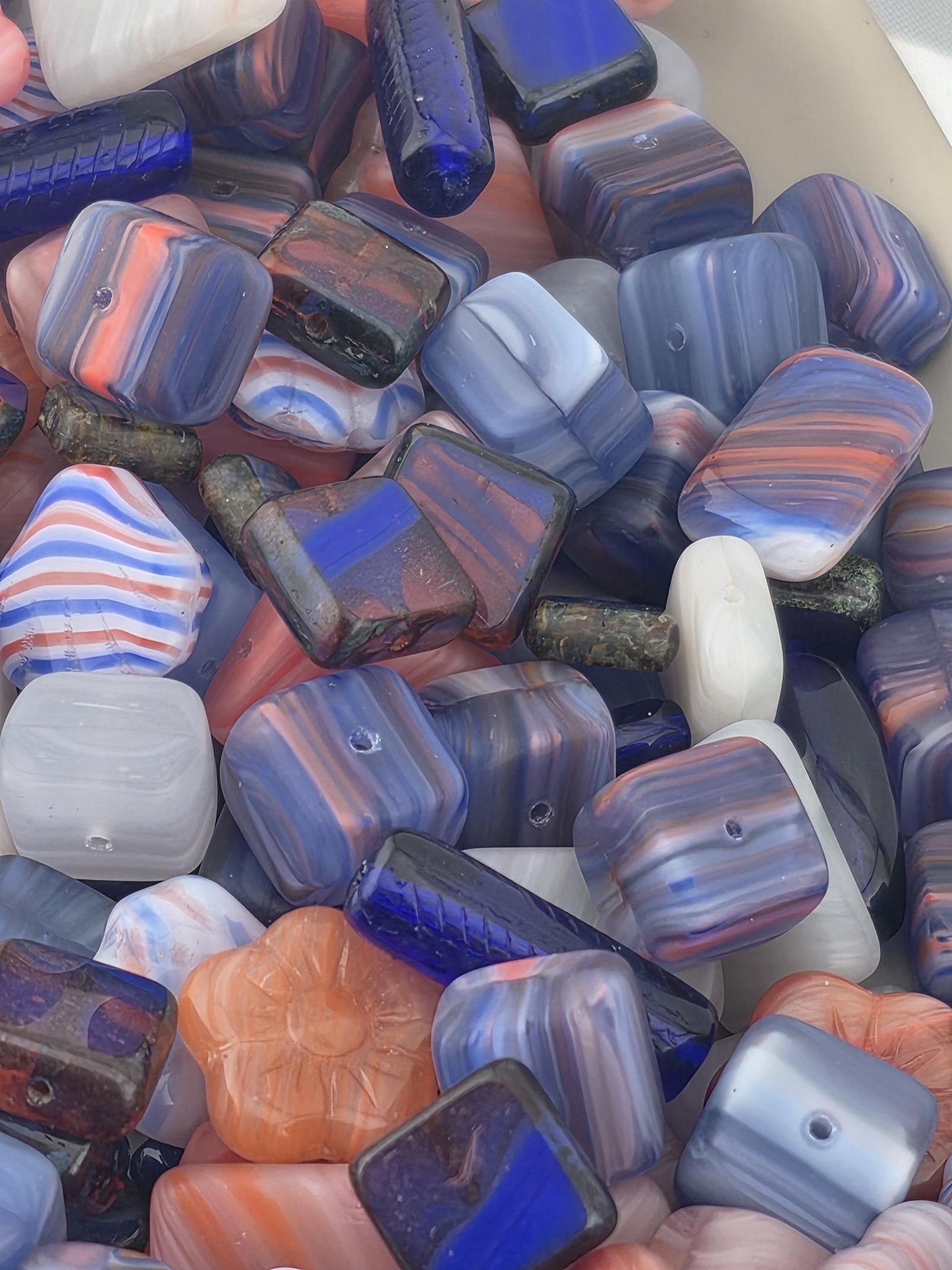 Czech Glass Beads: Blue and Salmon Jewelry Making Supply (30g pkg)