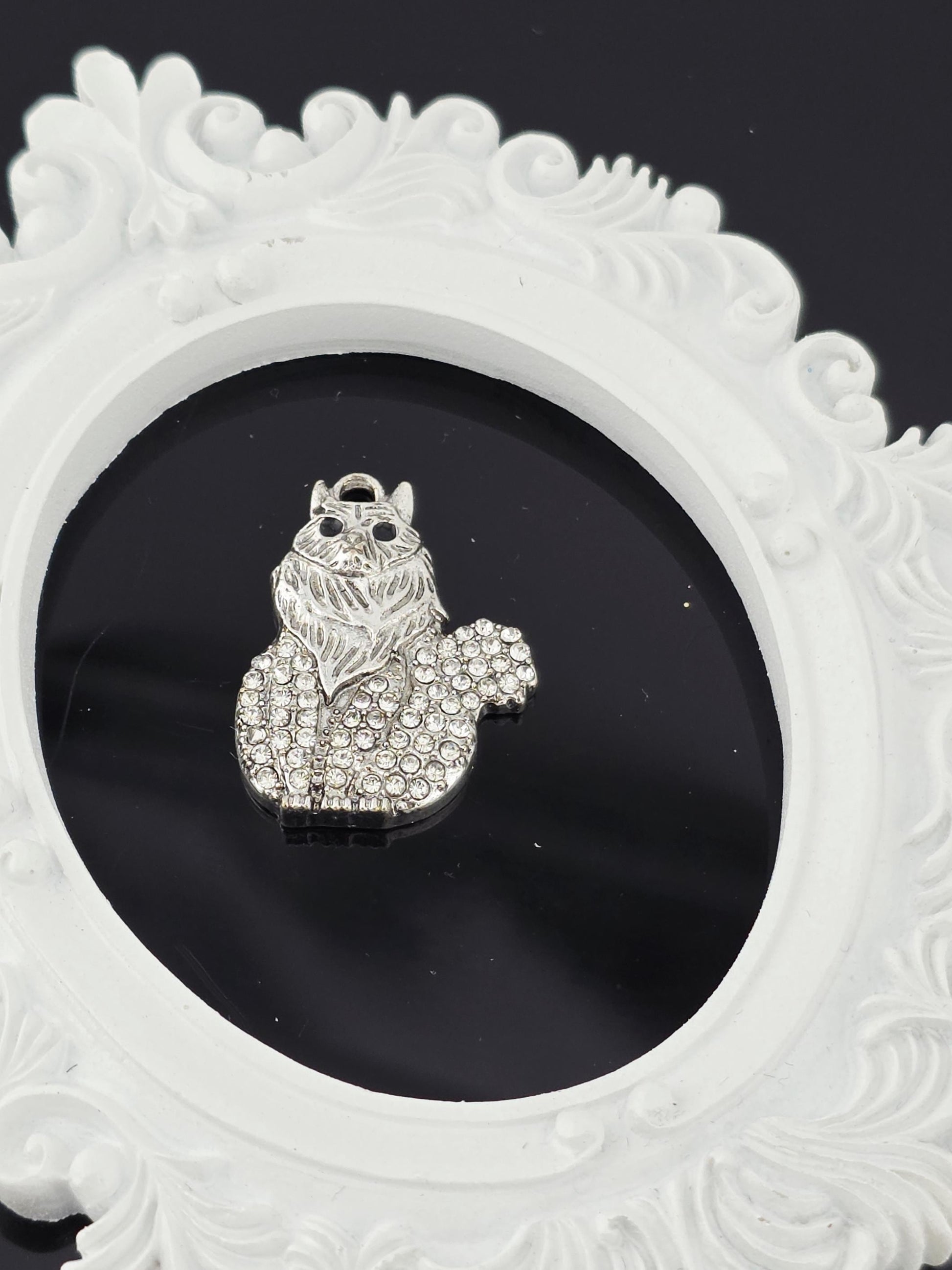 A silver-colored pendant or charm with a sparkling crystal design is displayed against a dark background, framed by an ornate white frame.