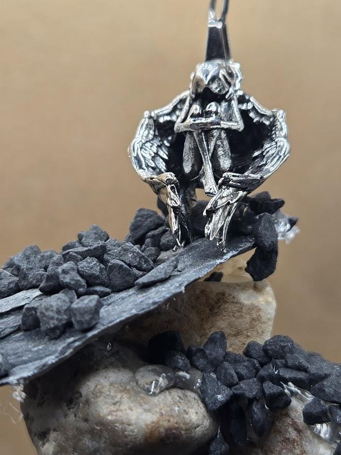 Fallen Angel Pendant: Gothic Skull Silver Charm (For Necklace or Keychain)