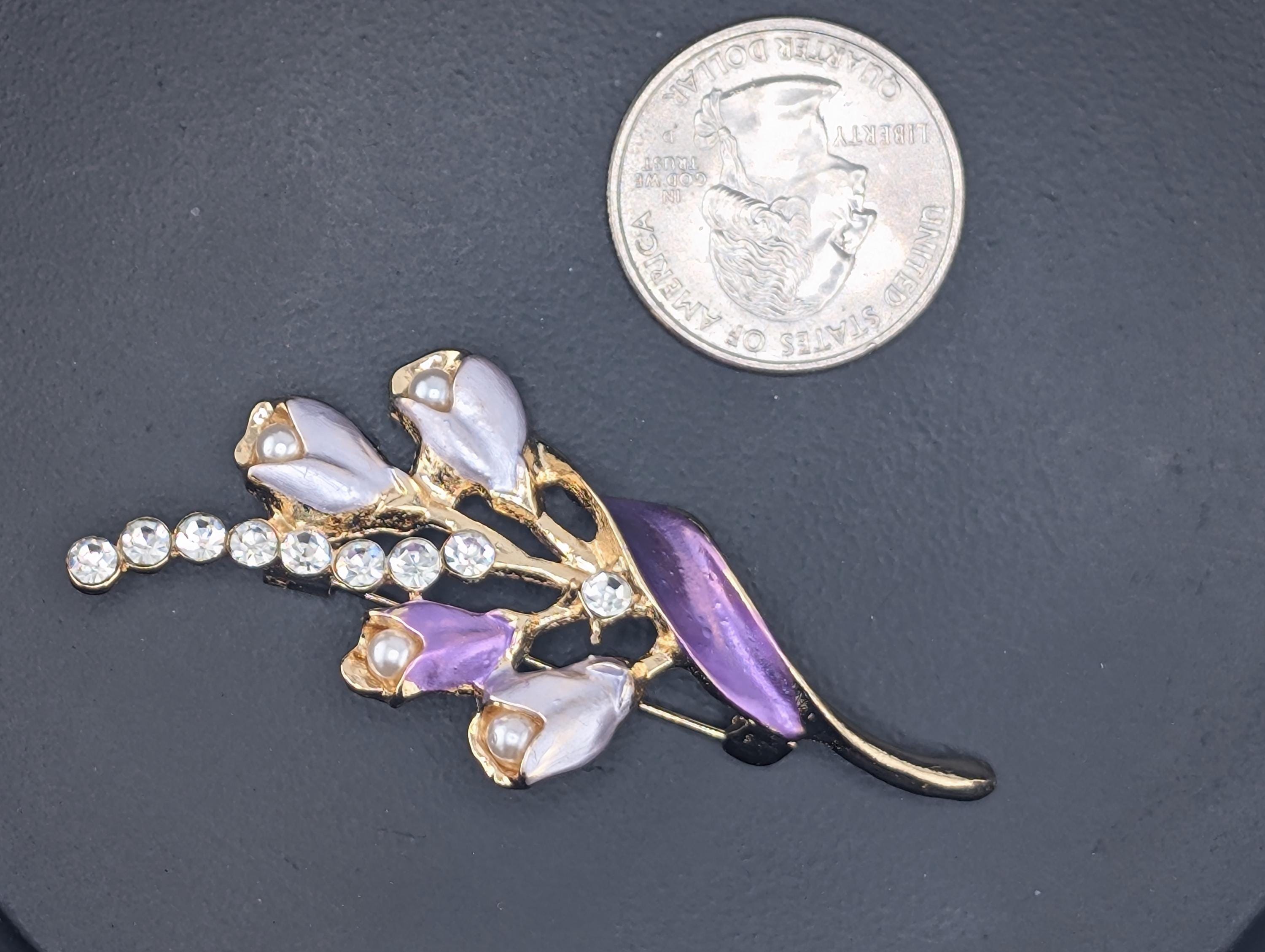 Gold Plated Brooch: Purple and White Floral Enamel - Elegant Pin