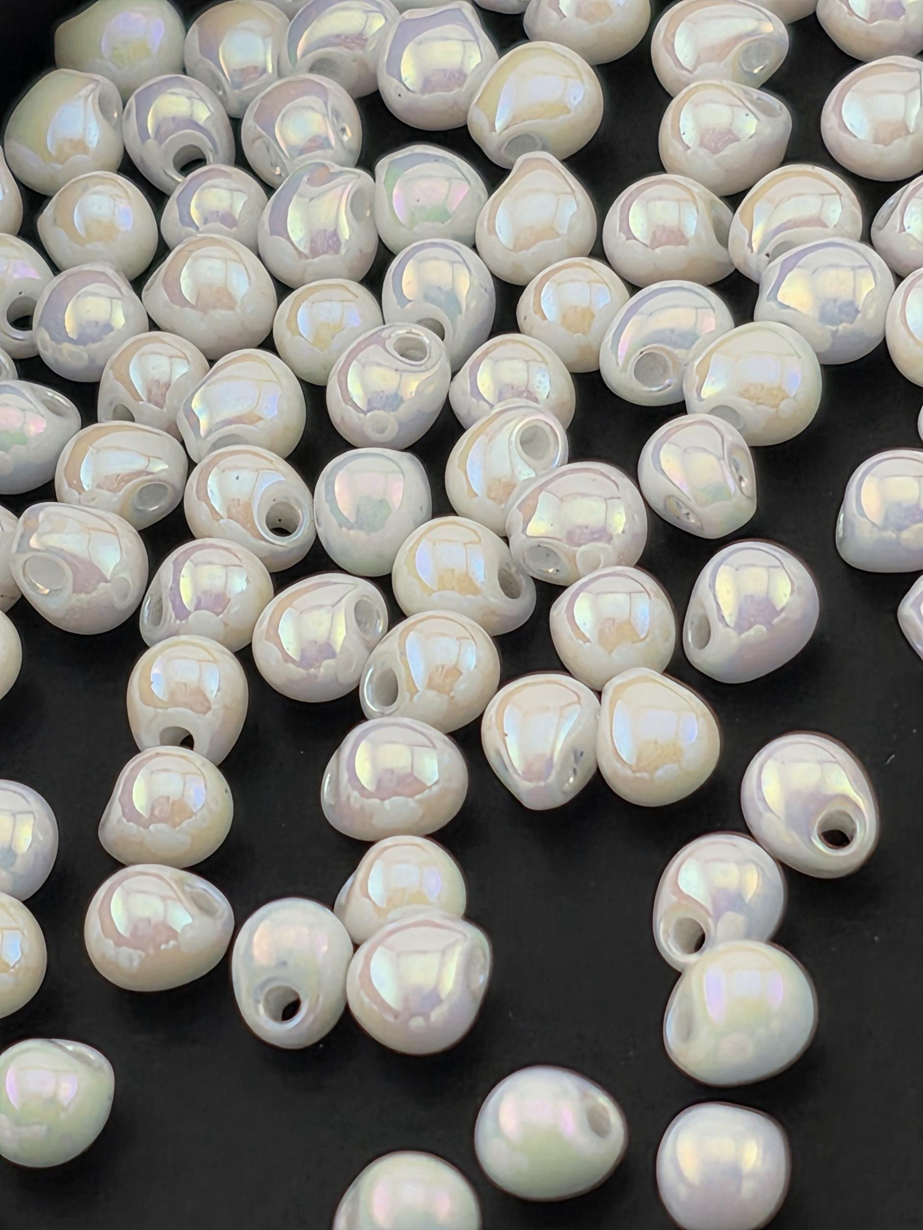 Miyuki Drop Beads: White Opaque with Rainbow Finish - 3.4mm, 15g