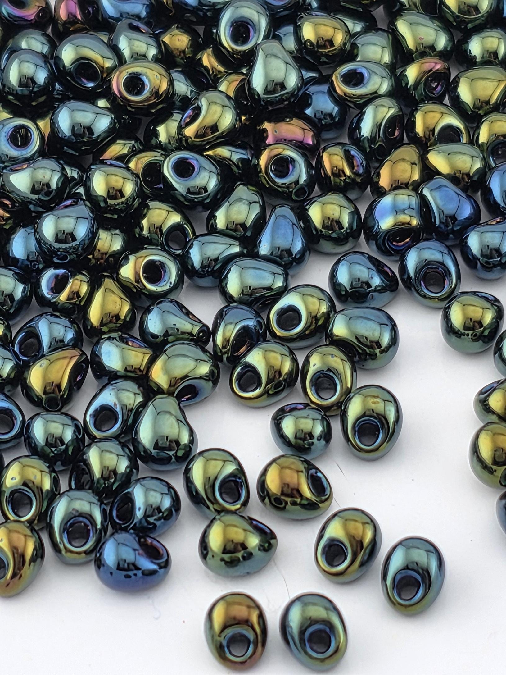 Green Metallic Miyuki Drop Beads: Matte Rainbow Finish, 15g Pack