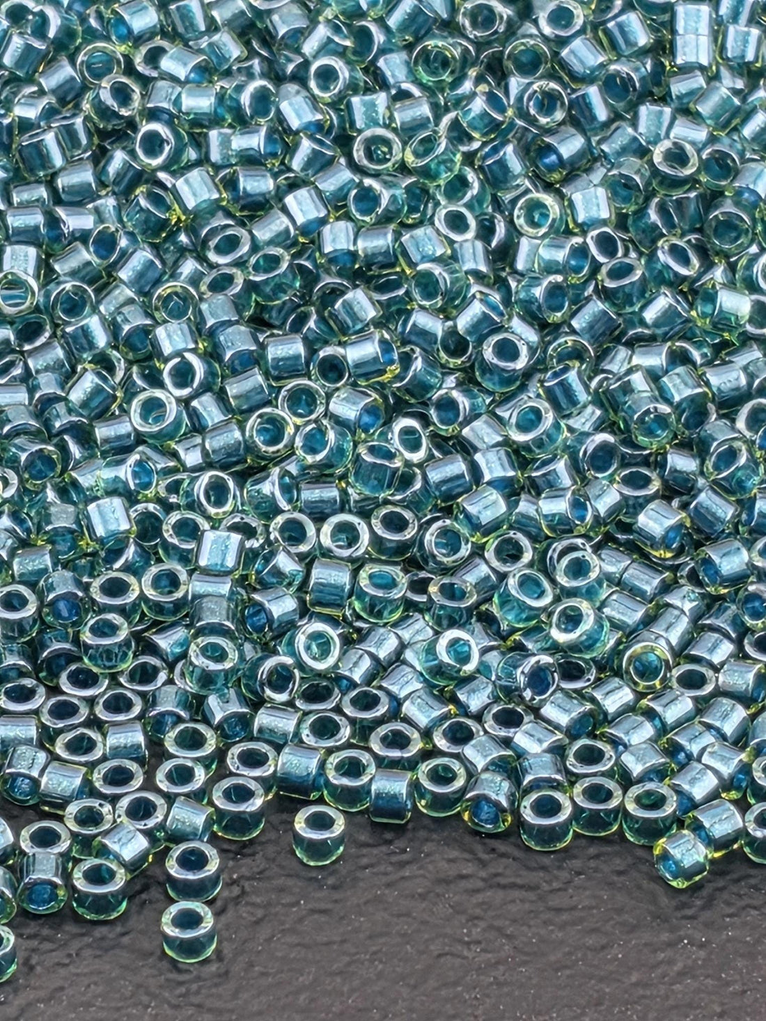 DB0919:Lt Green/Dark Teal Inside Color Lined Sparkle Duracoat Miyuki Delica (Size 11, 7 grams, ~1400 beads)