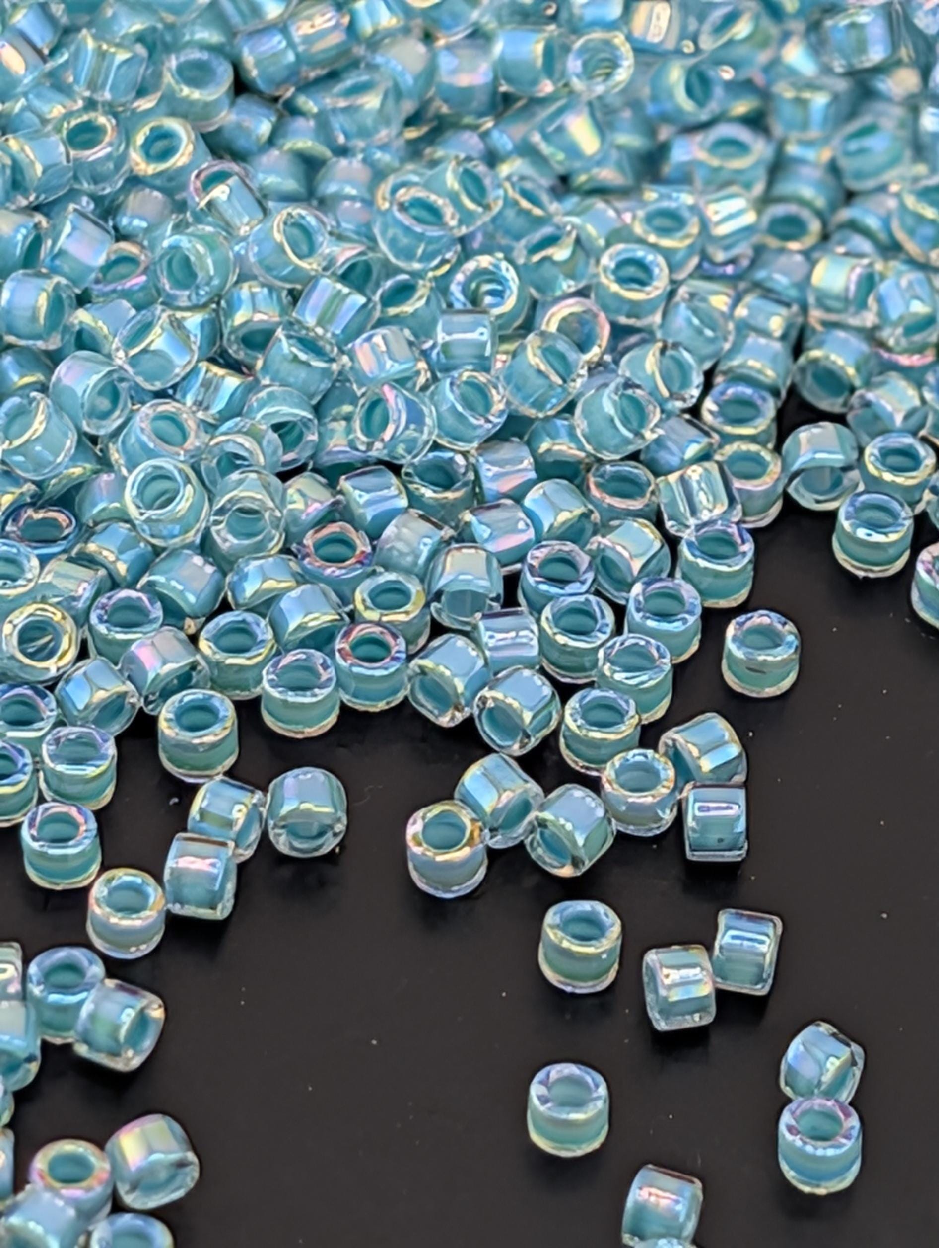 DB0079:Crystal/Aqua Inside Color Lined Rainbow Miyuki Delica (Size 11, 7 grams, ~1400 beads)