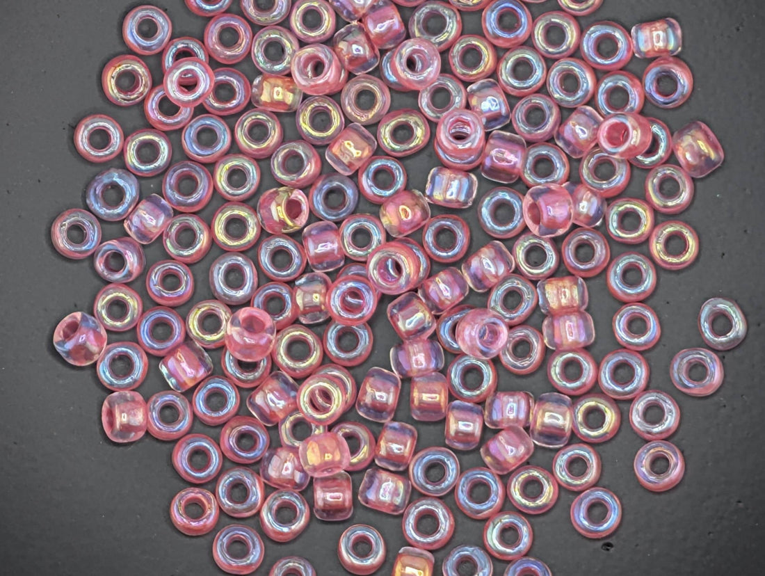 Matsuno Seed Beads, Transparent Rainbow Hot Pink (Size 6, 15g Pack)