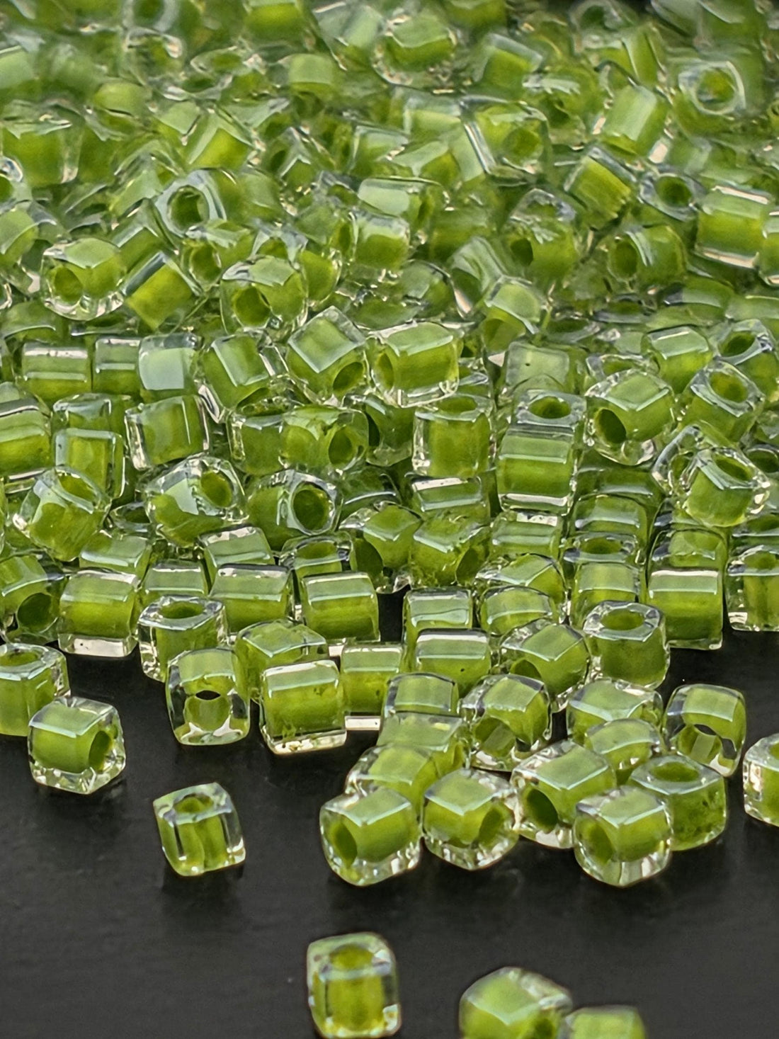 Miyuki Square/Cubes Crystal/Lime Green Inside Color Lined Sparkle Size 1.5mm