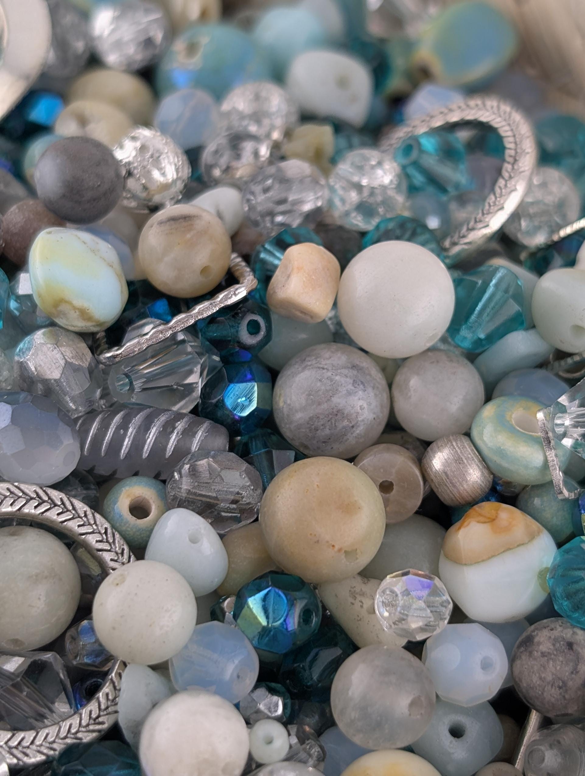 Exclusive "Sterling Seafoam" Natural Flower Amazonite Gemstone Beads with silver plated links and spacers: Gemstone Mix - 2 Ounces