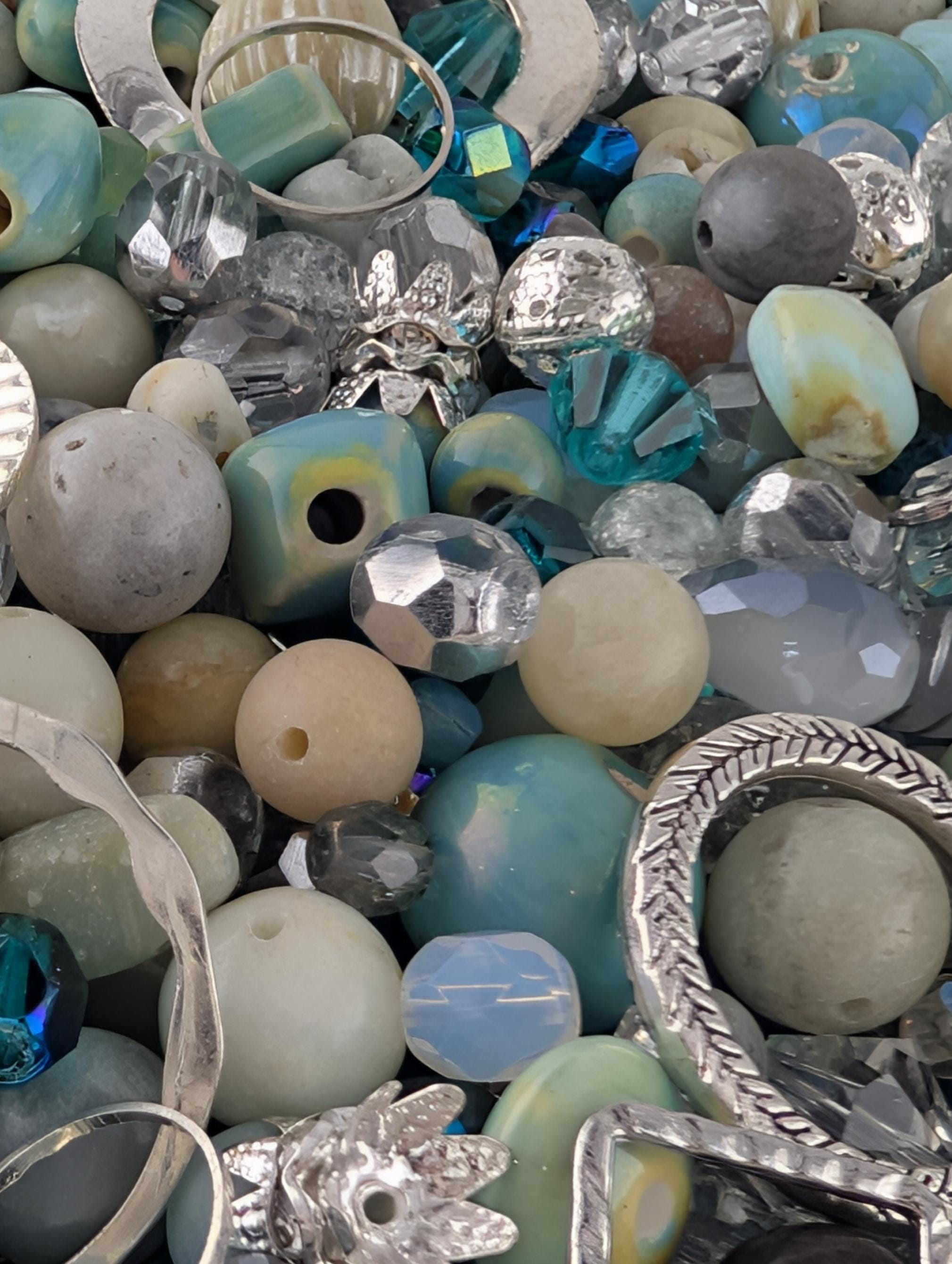 Exclusive "Sterling Seafoam" Natural Flower Amazonite Gemstone Beads with silver plated links and spacers: Gemstone Mix - 2 Ounces