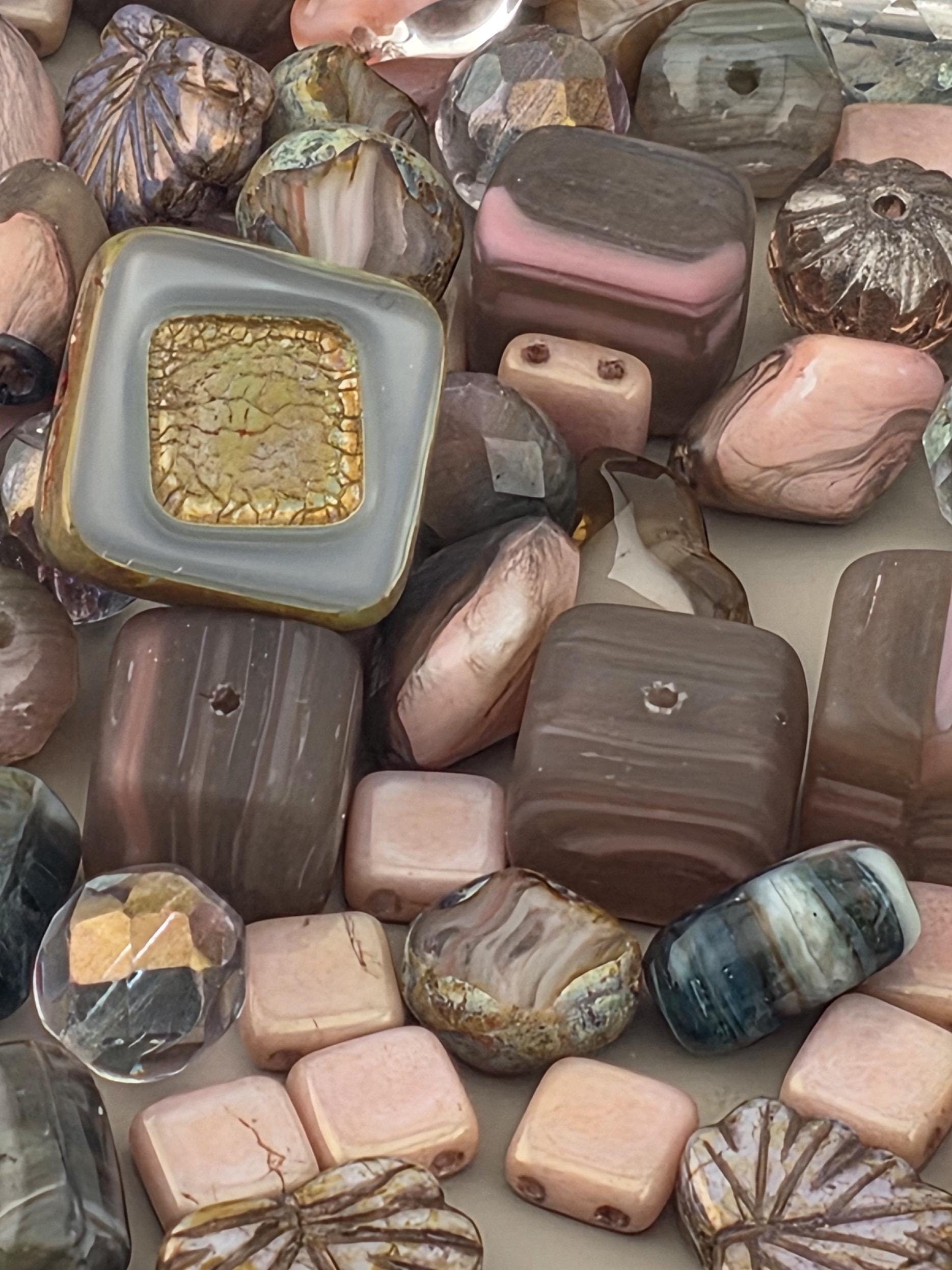 1oz Czech Glass Bead Mix "Chocolate Covered Strawberries" Brown & Pink