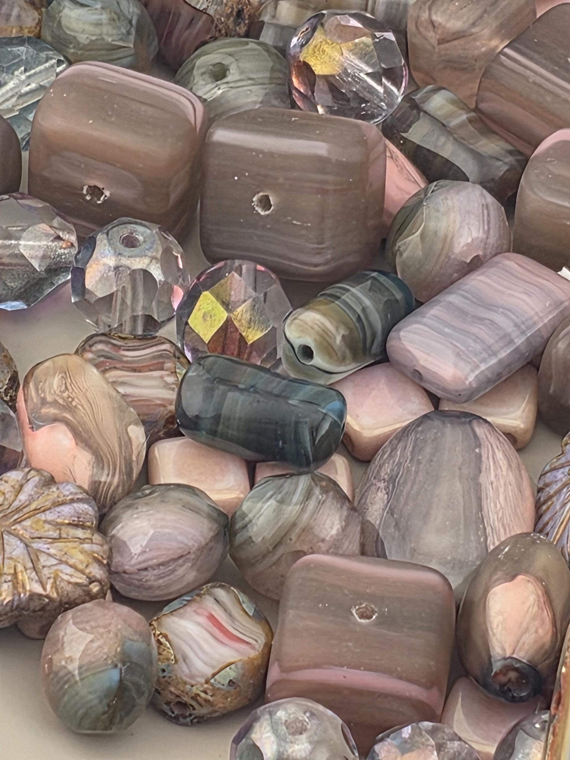 1oz Czech Glass Bead Mix "Chocolate Covered Strawberries" Brown & Pink