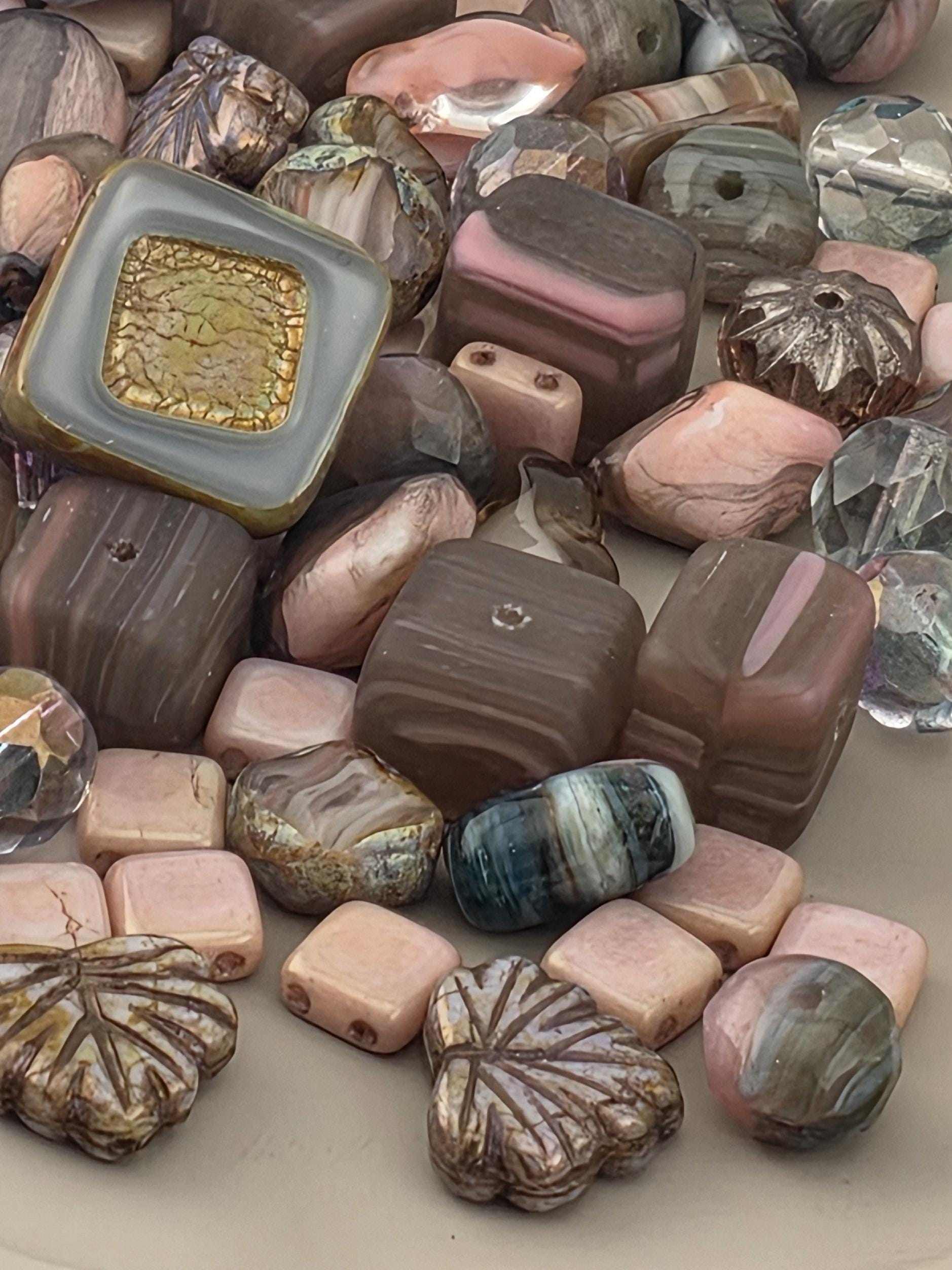 1oz Czech Glass Bead Mix "Chocolate Covered Strawberries" Brown & Pink