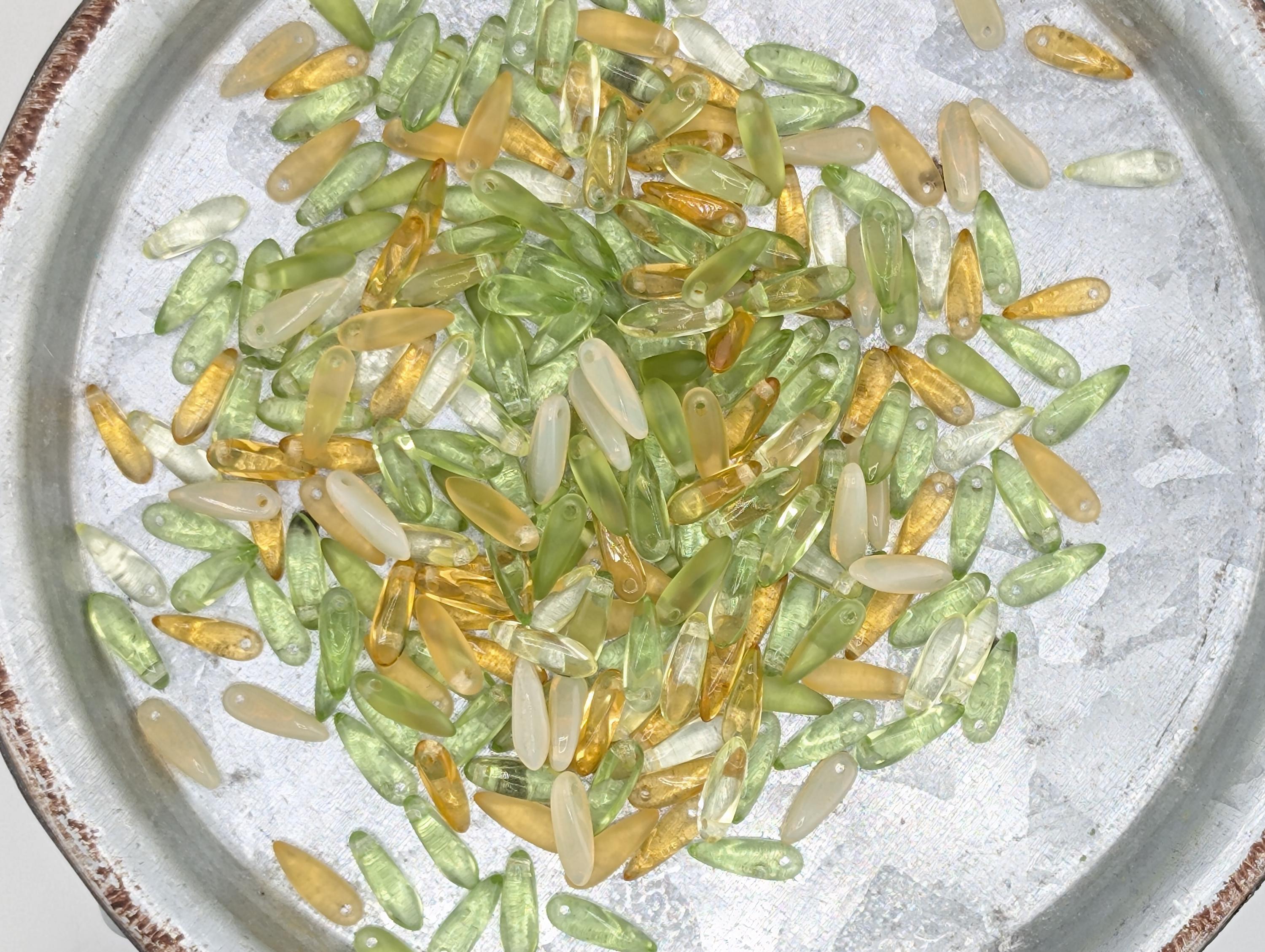 10mm Czech Glass Dagger 20g (approx 60 pcs): Green/Topaz Mix