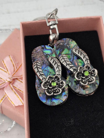 A pair of colorful, intricately designed flip-flop-shaped earrings with green stones, displayed in a pink box with a bow.