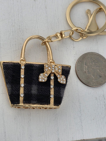 A black purse-shaped keychain with a gold clasp and a small diamond embellishment, placed on a white surface next to a coin.