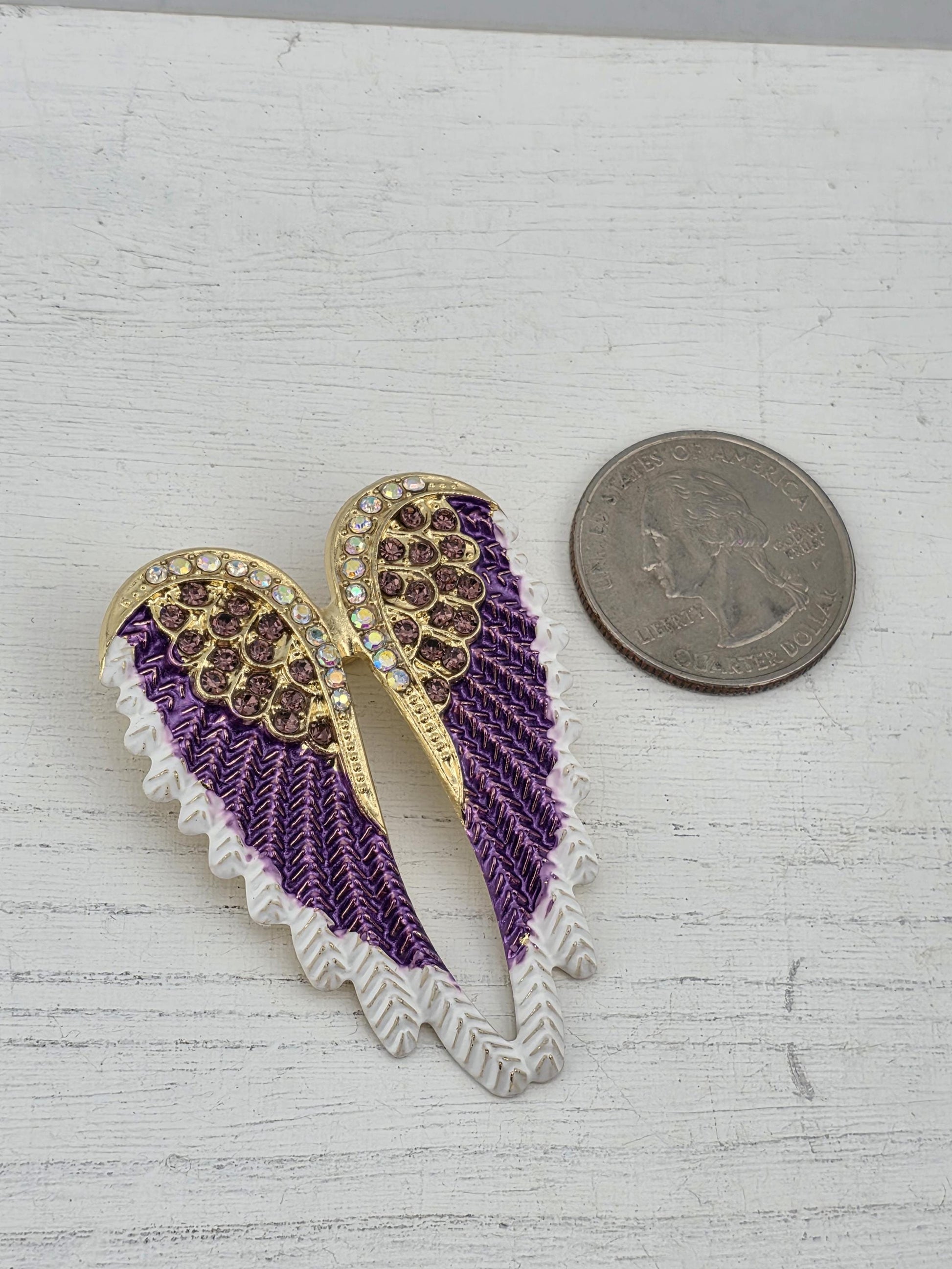 A shiny silver coin is placed next to a pair of ornate purple and gold wings with rhinestones.