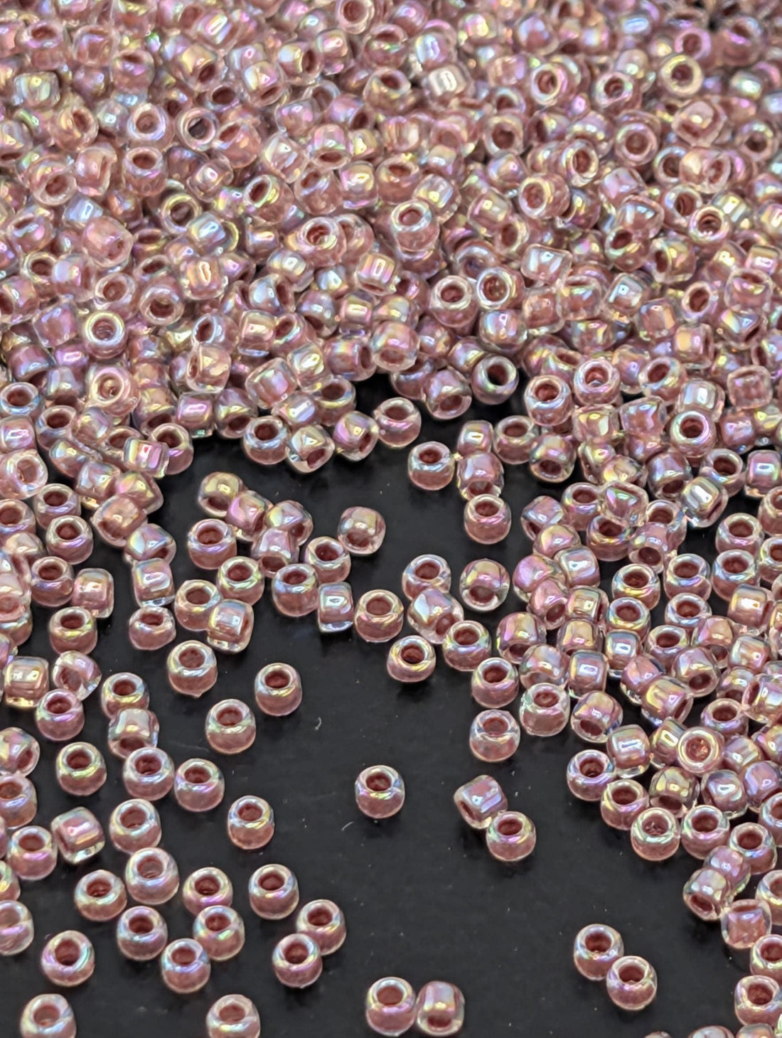 Inside-Color Rainbow Crystal/Strawberry-Lined Size 15/0 Toho Round 2.5" tube