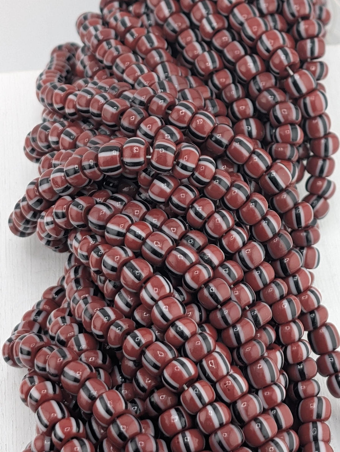 Czech Glass Seed Beads: Preciosa Size 6 - Dark Red White Black Stripes 30g