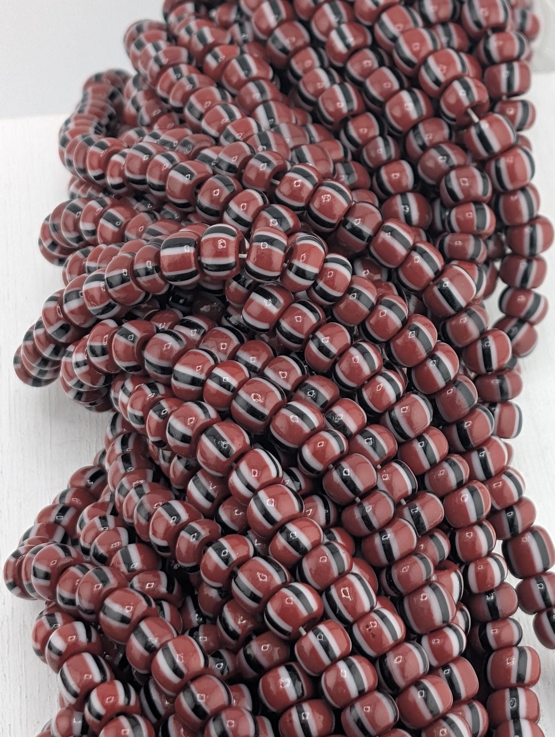 Czech Glass Seed Beads: Preciosa Size 6 - Dark Red White Black Stripes 30g