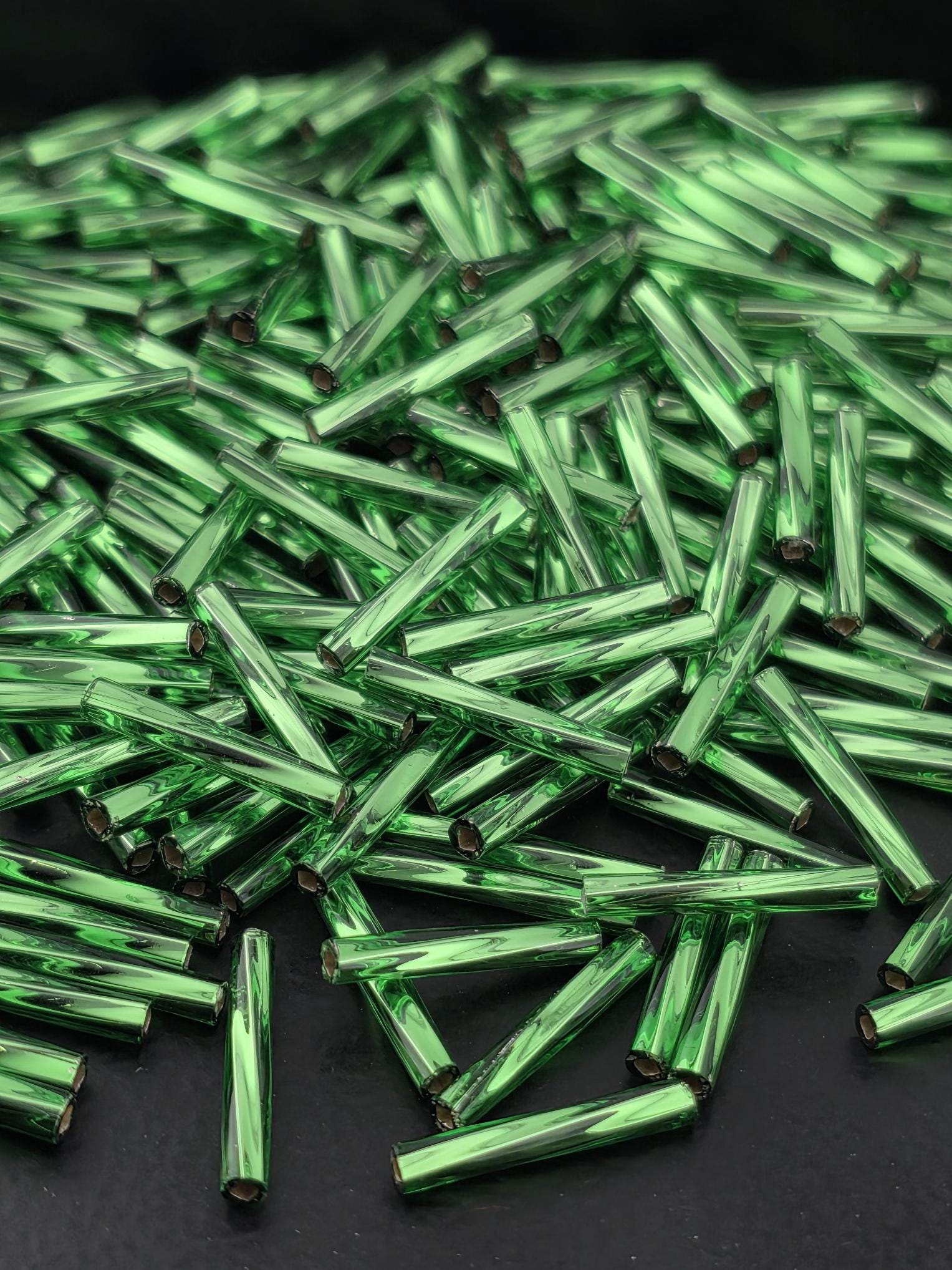 Miyuki Twisted Bugles 2x12 Kelly Green Translucent Silver-Lined Size 2x12mm