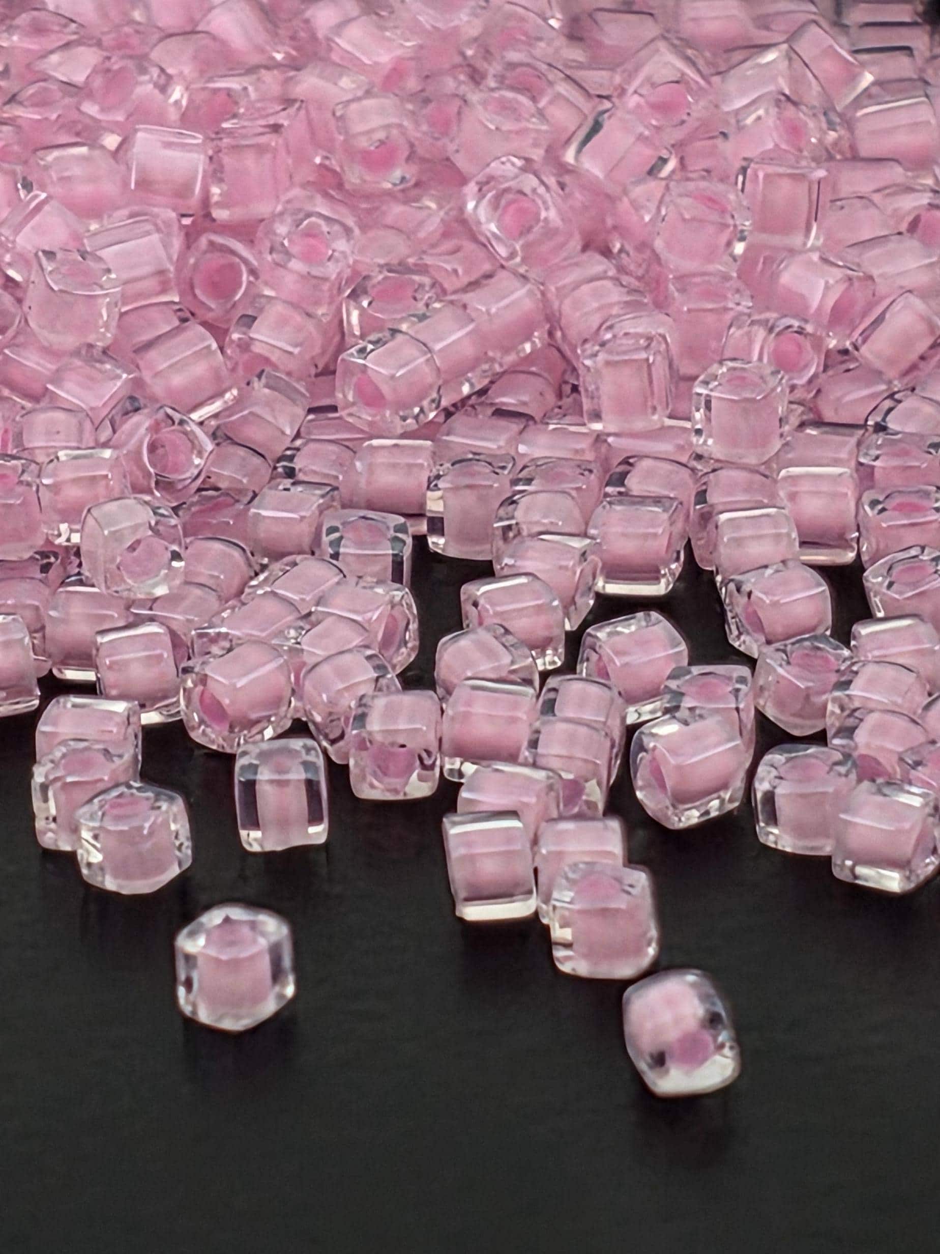 Miyuki Square/Cubes Crystal/Pink Inside Color Lined Sparkle Size 1.5mm