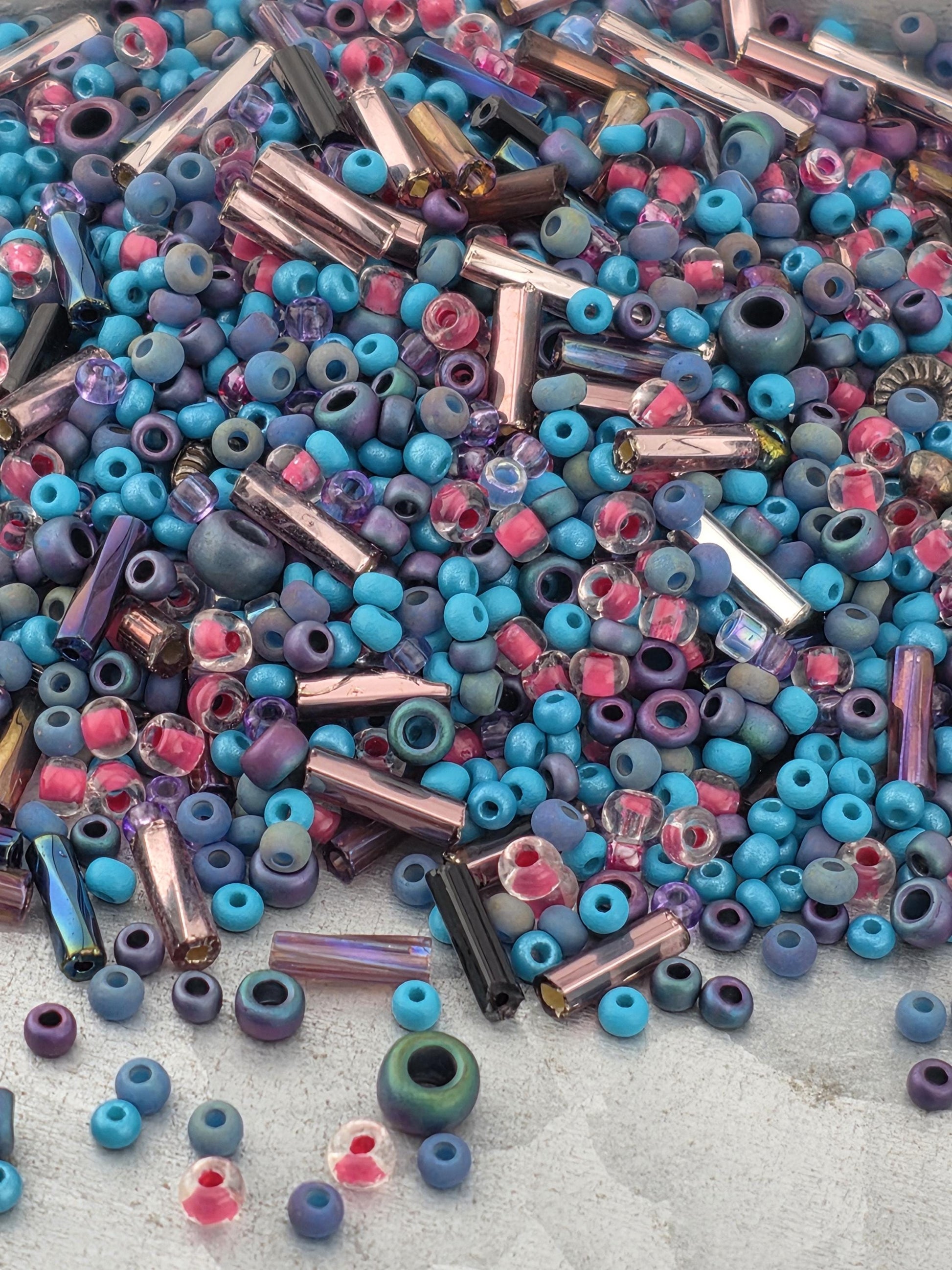Bead Mix, Seed Bead Soup 20g | Teal Pink Silver Glass Beads, Bugles, Spacers,Metallic, Preciosa Miyuki