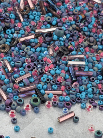 Bead Mix, Seed Bead Soup 20g | Teal Pink Silver Glass Beads, Bugles, Spacers,Metallic, Preciosa Miyuki